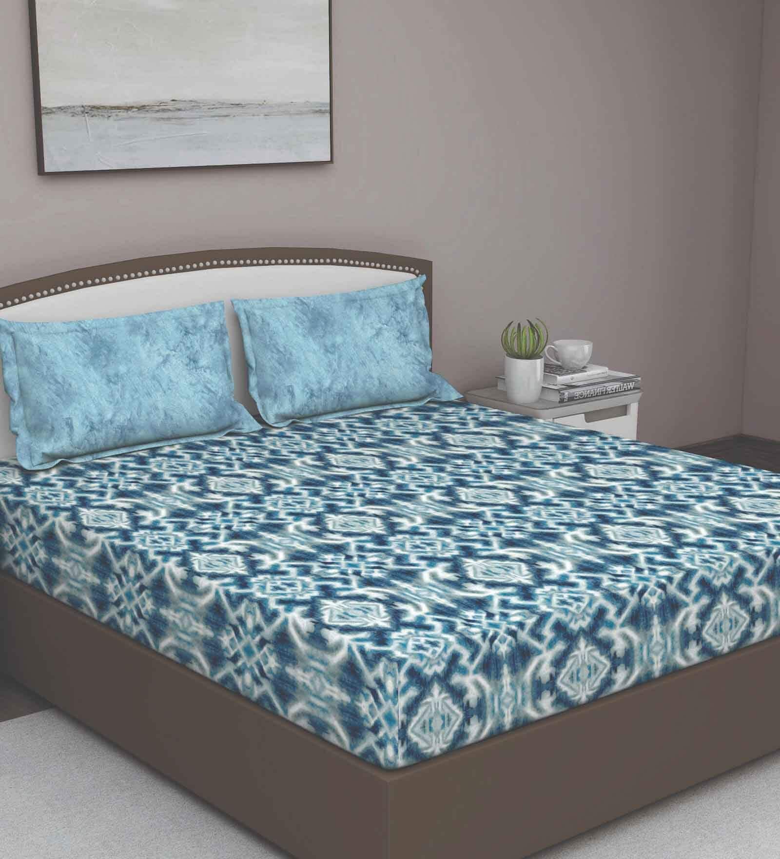 Blue Abstract 210 TC Cotton Queen Sized Bed Sheets with 2 Pillow Covers