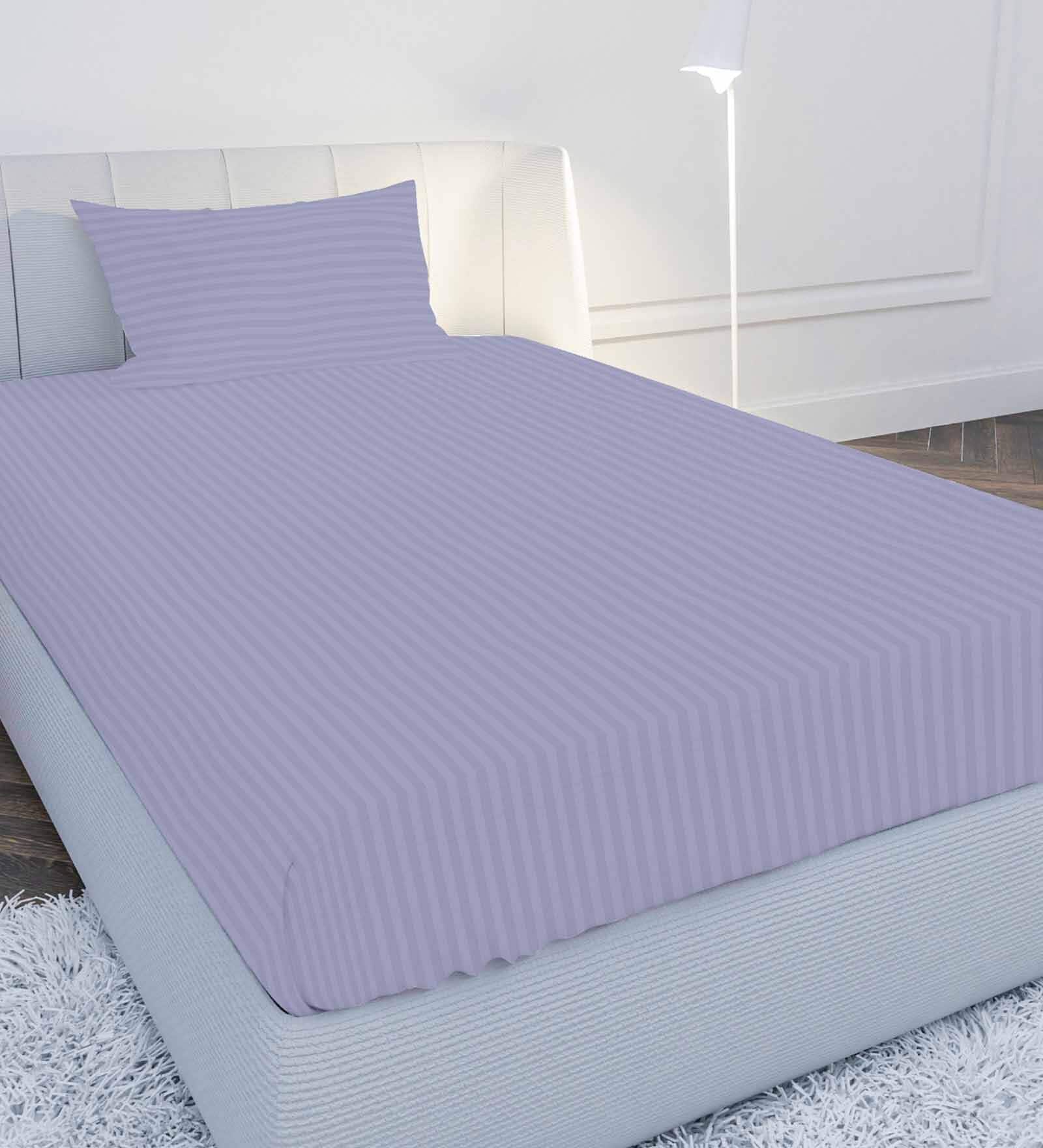 Blue Solid 210 TC Cotton Single Sized Bedsheet with 1 Pillow Cover Satin Stripe 2024 Collection