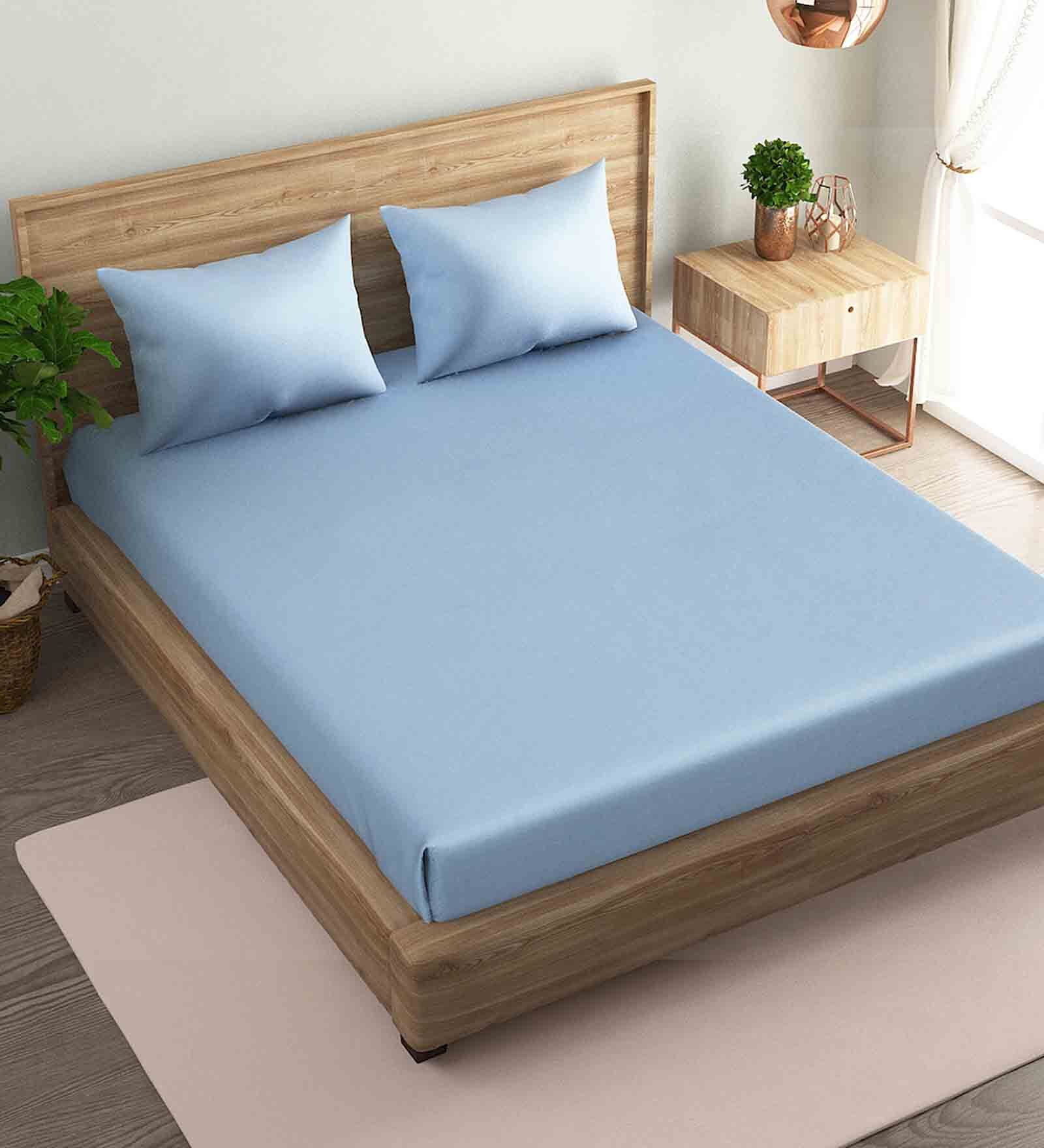 Blue Solid 210 TC Satin Single Bed Sized Bed Sheets With 1 Pillow Cover
