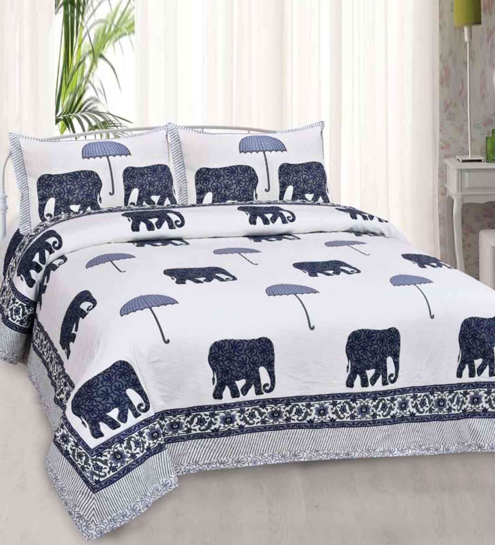Blue Traditional 240 TC Cotton King Size Bedsheet With 2 Pillow Covers