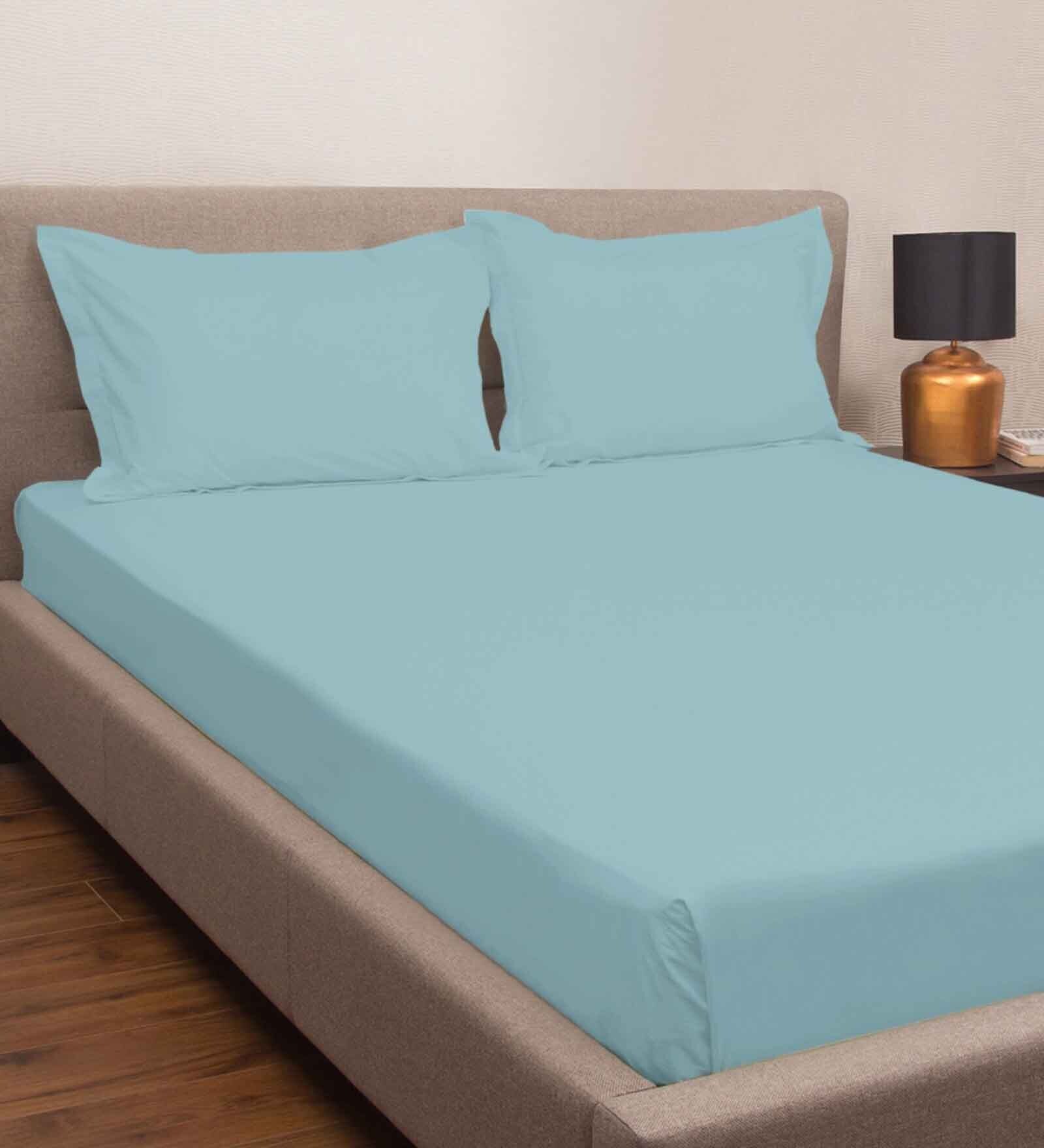 Blue Solid 300 TC 100% Cotton Queen Sized Bed Sheets with 2 Pillow Covers