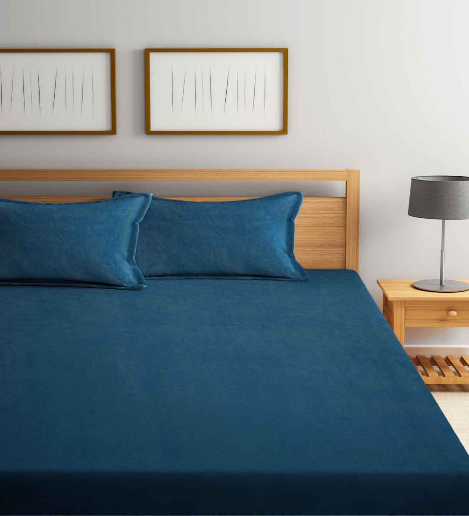 Buy Blue Solid 300 TC Woollen Woollen Flat Double Bedsheet with 2