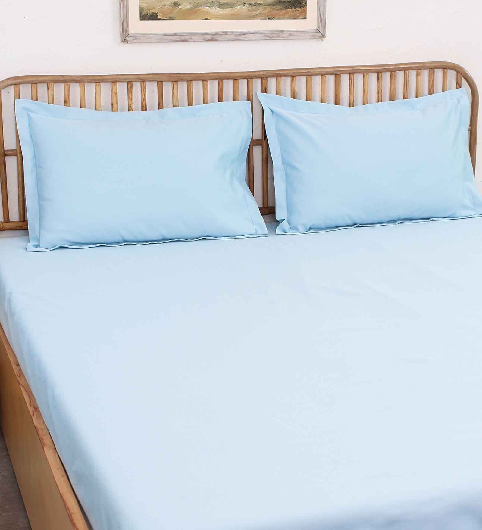 Blue Solid 600 TC Cotton 1 Double Bedcover with 2 Pillow cover