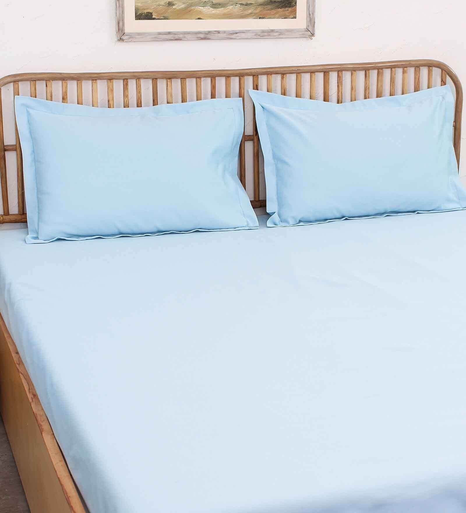 Blue Solid 600 TC Cotton 1 Double Bedcover with 2 Pillow cover