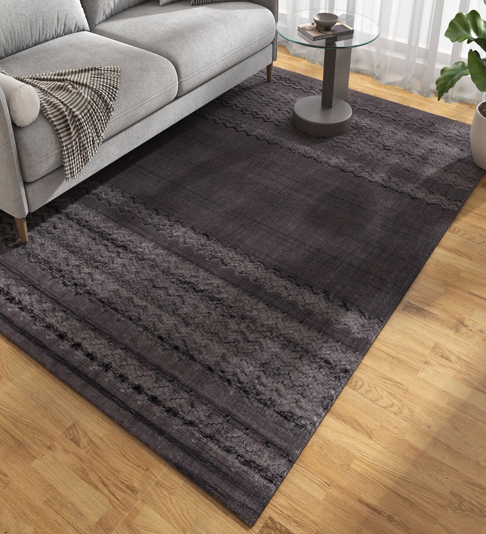 Blue Solid Bamboo Silk 6 ft X 9 ft Hand Woven Carpet