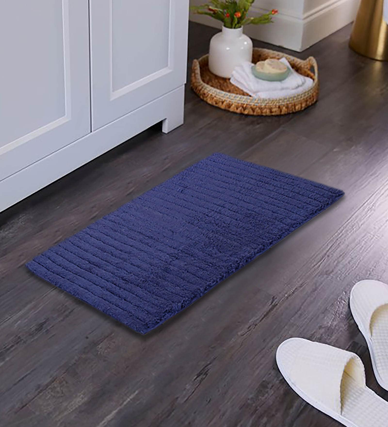 Blue Solid Cotton 24x16 Inches AntiSkid Bath Mat