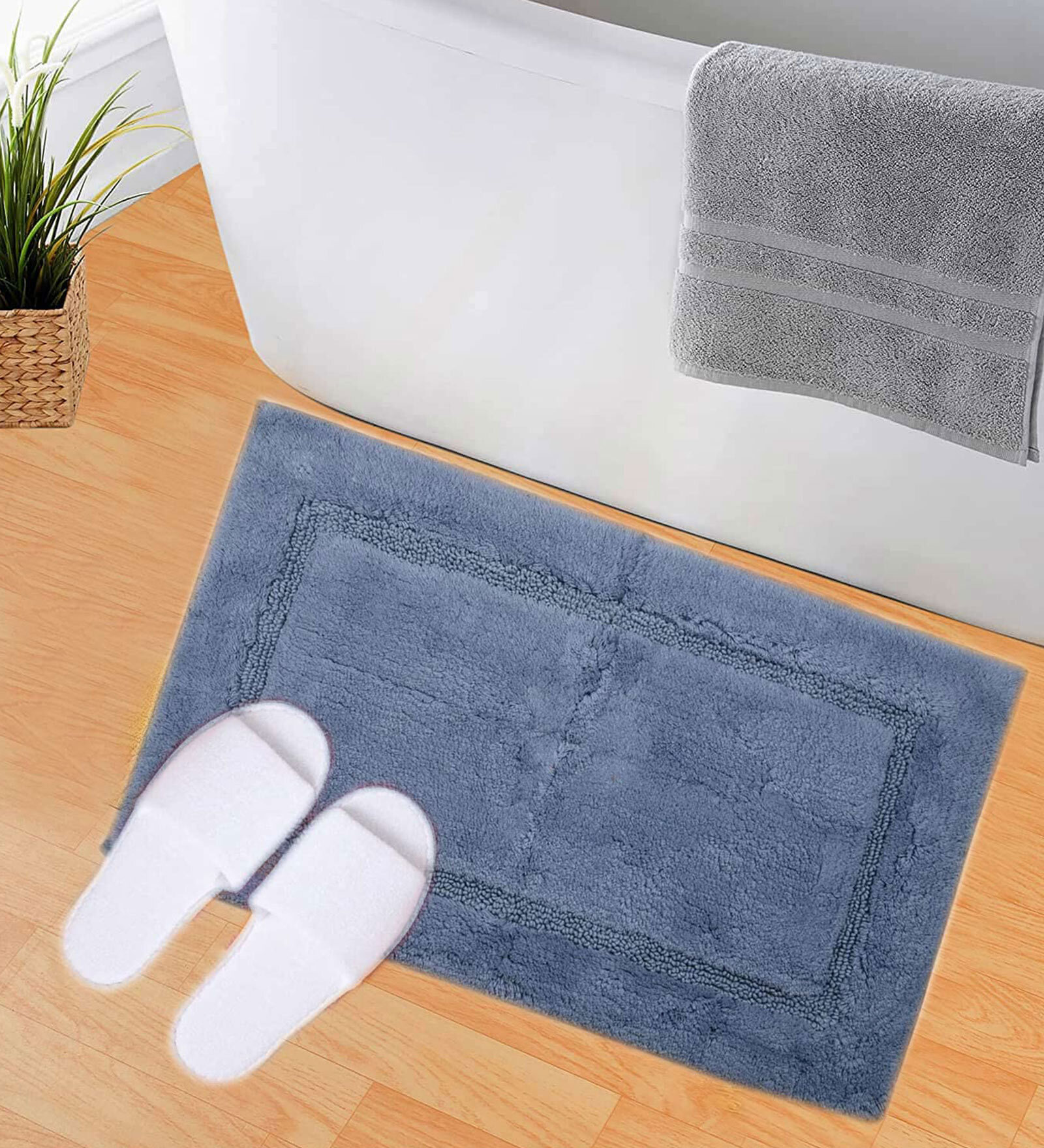 Blue Solid Cotton 32x20 Inches AntiSkid Bath Mat