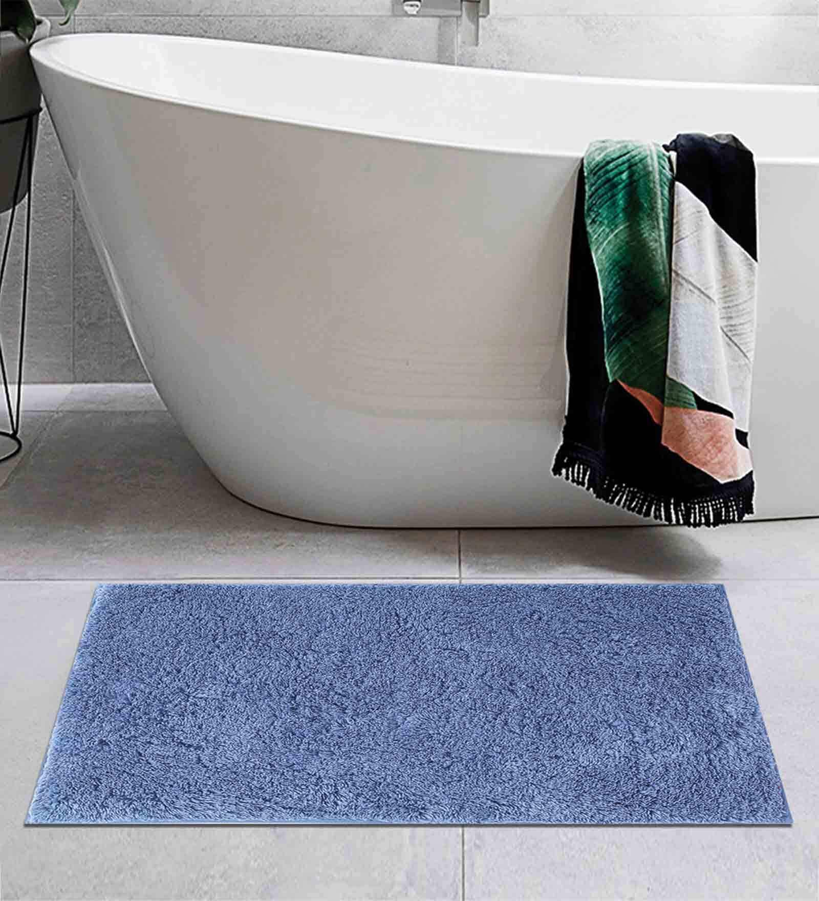 Blue Solid Cotton AntiSkid Bathmat