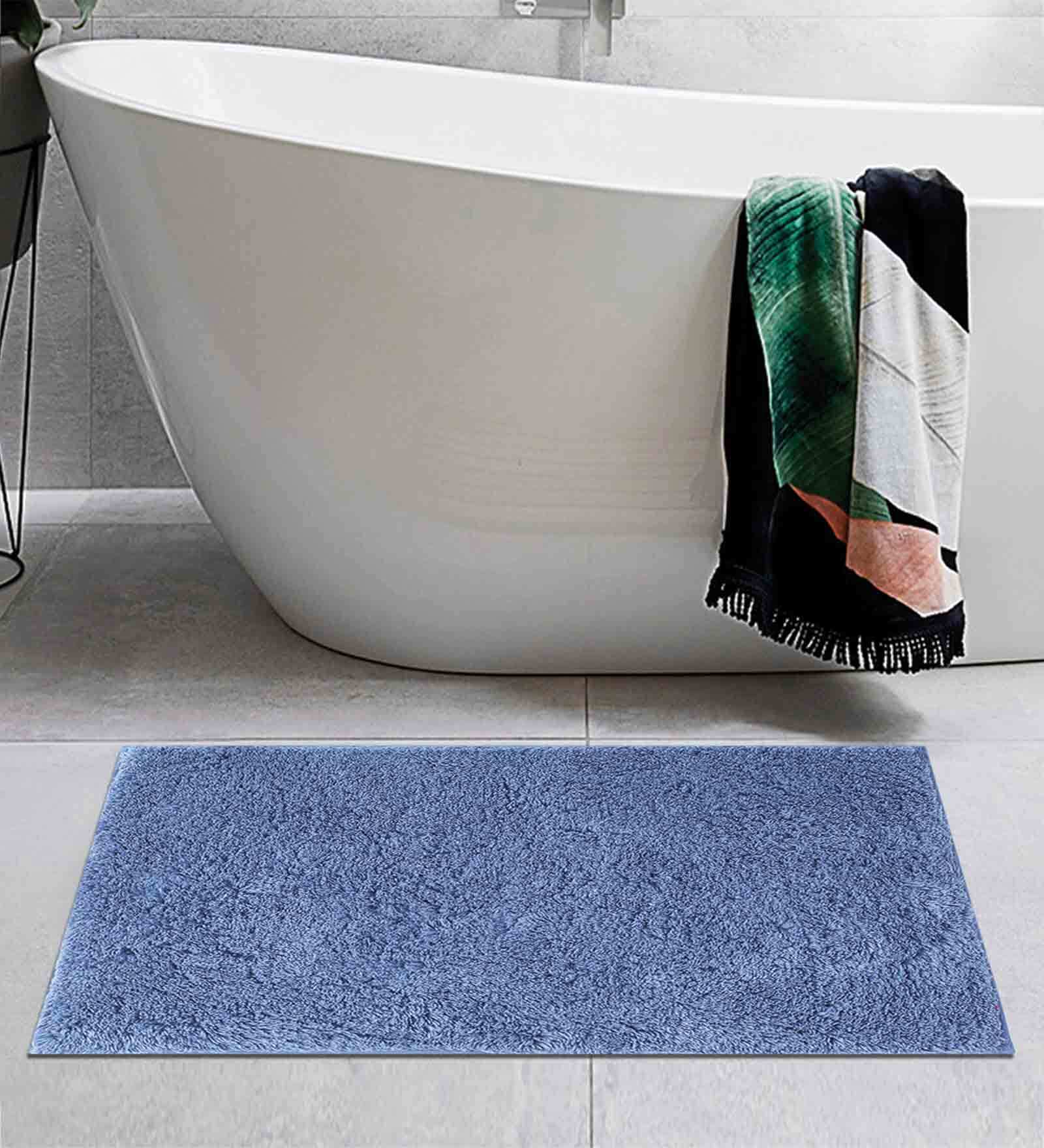 Blue Solid Cotton AntiSkid Bathmat