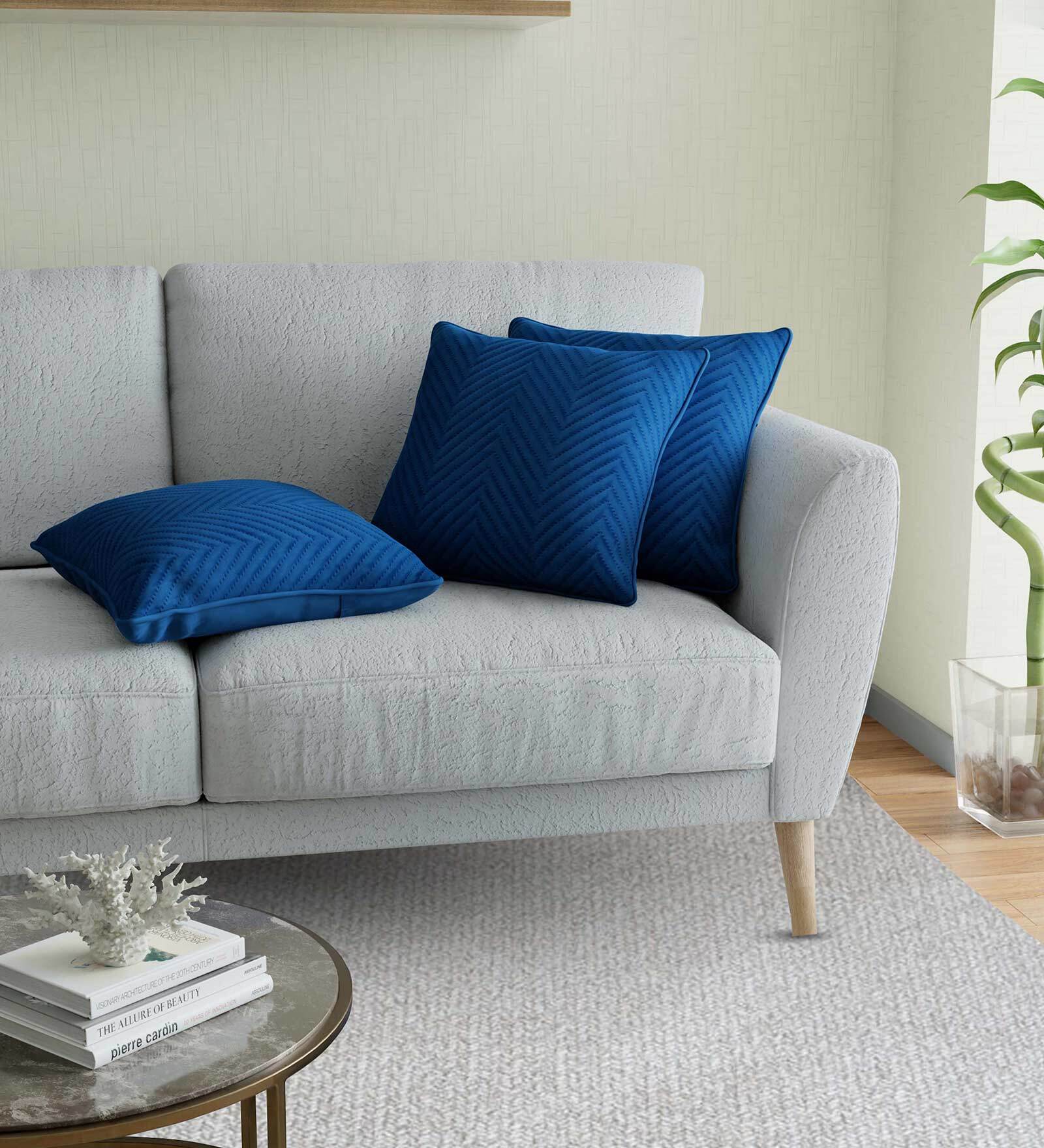Blue Solid Cotton Self Design Cushion Cover