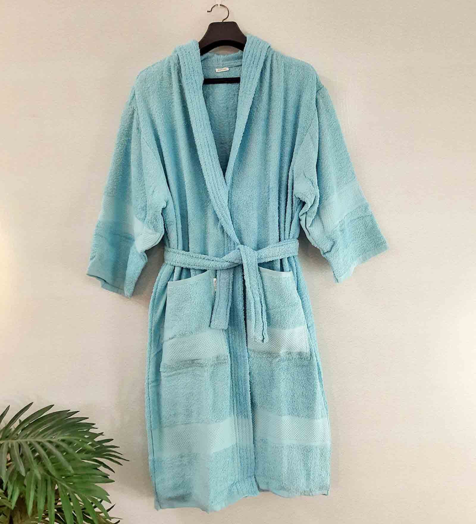 Blue Solid Cotton Unisex Bath Robe (S)