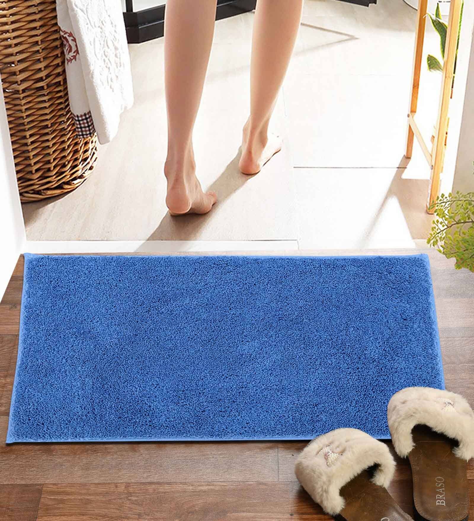 Blue Solid MicroFibre 14x10 Inches Antiskid Bath Mats