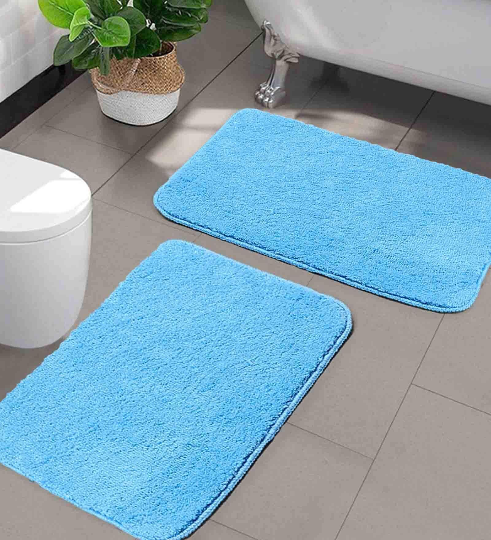 Blue Solid Microfibre 20x14 Inches AntiSkid Bath Mats (Set of 2)