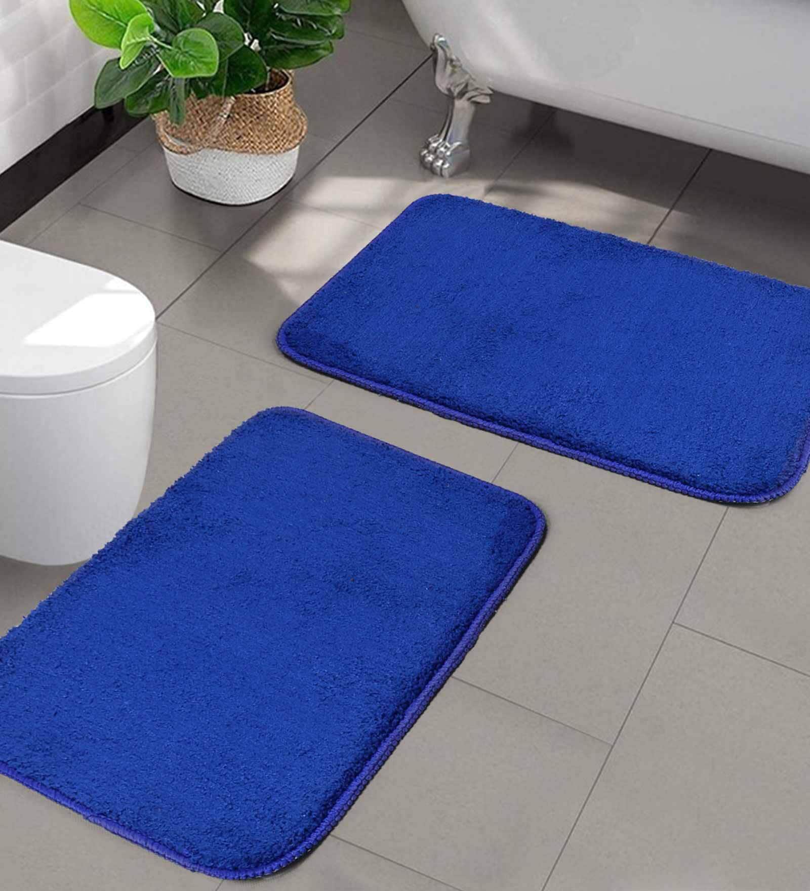 Blue Solid Microfibre 24x16 Inches AntiSkid Bath Mat (Set of 2)