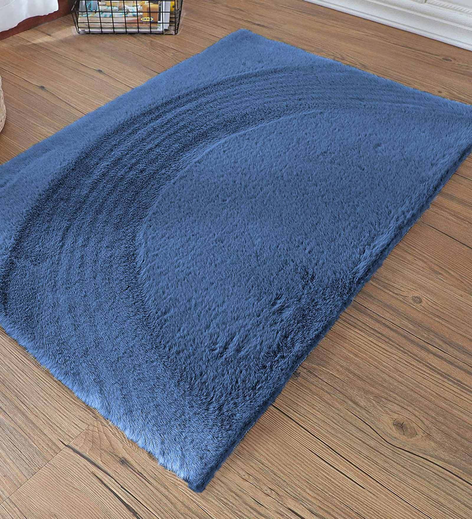 Blue Solid Polyester 36x24 Inches AntiSkid Bath Mat