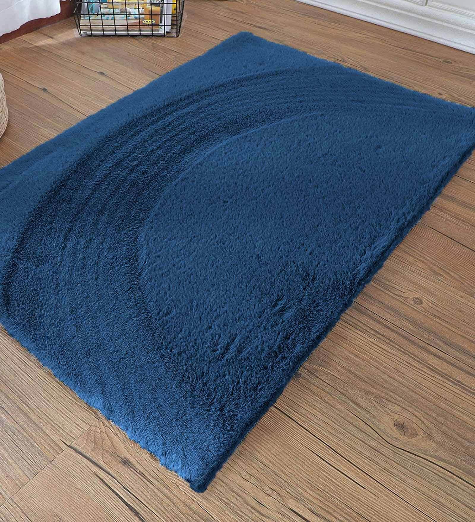 Blue Solid Polyester 36x24 Inches AntiSkid Bath Mat