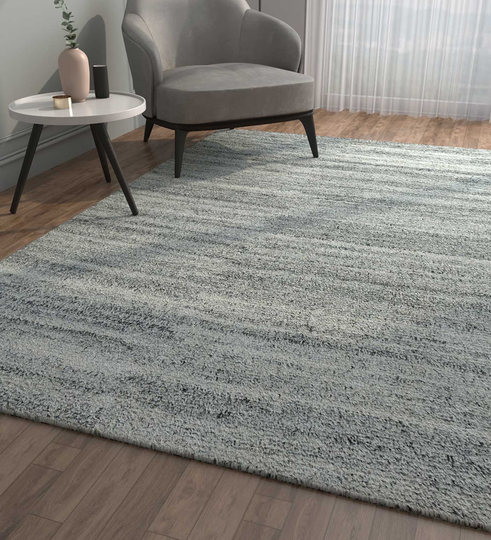 Blue Solid Polyester 4 ft x 6 ft Hand Knotted Carpet