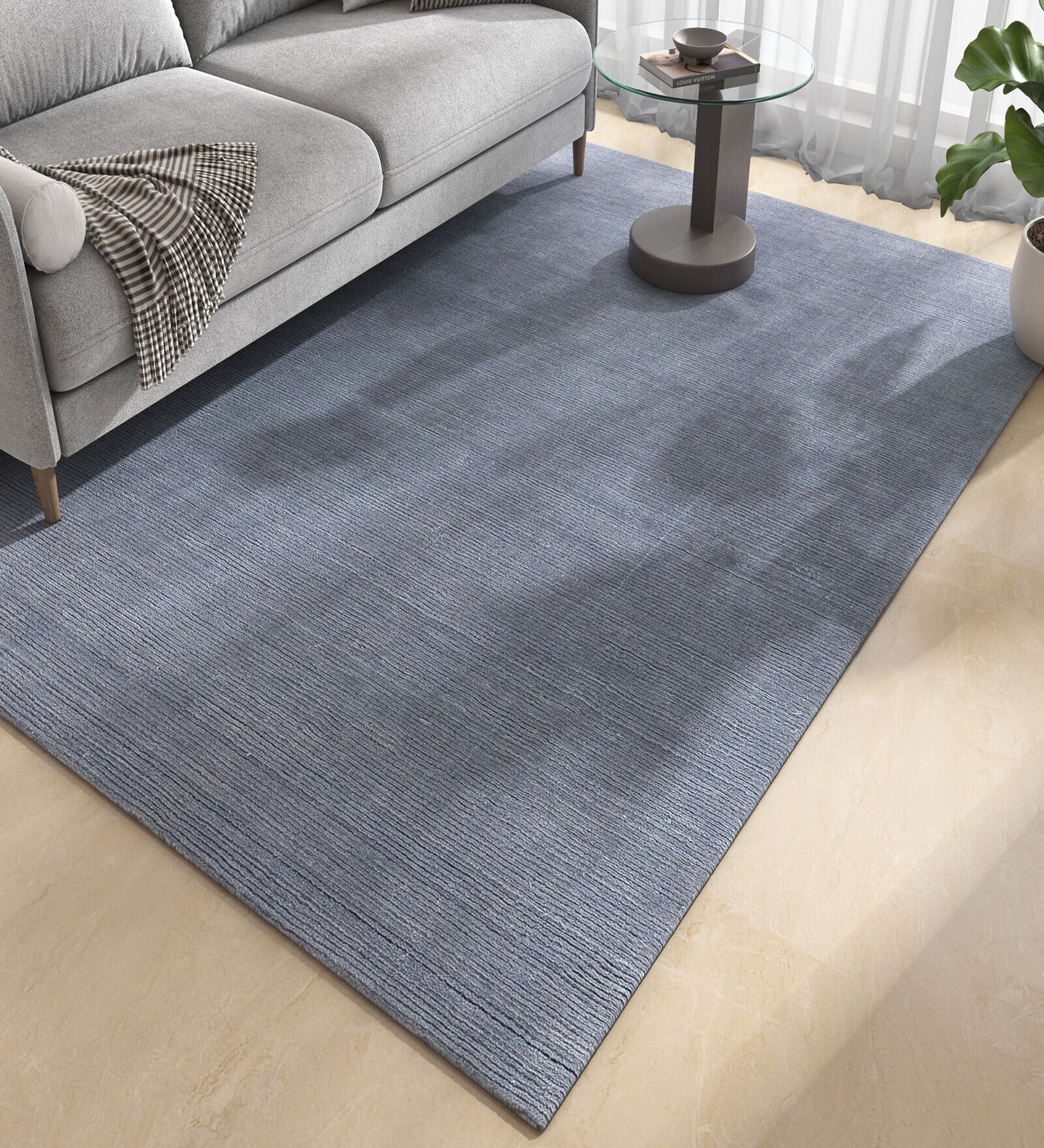Blue Solid Polyester 5 ft X 8 ft Hand Woven Rectangle Carpet
