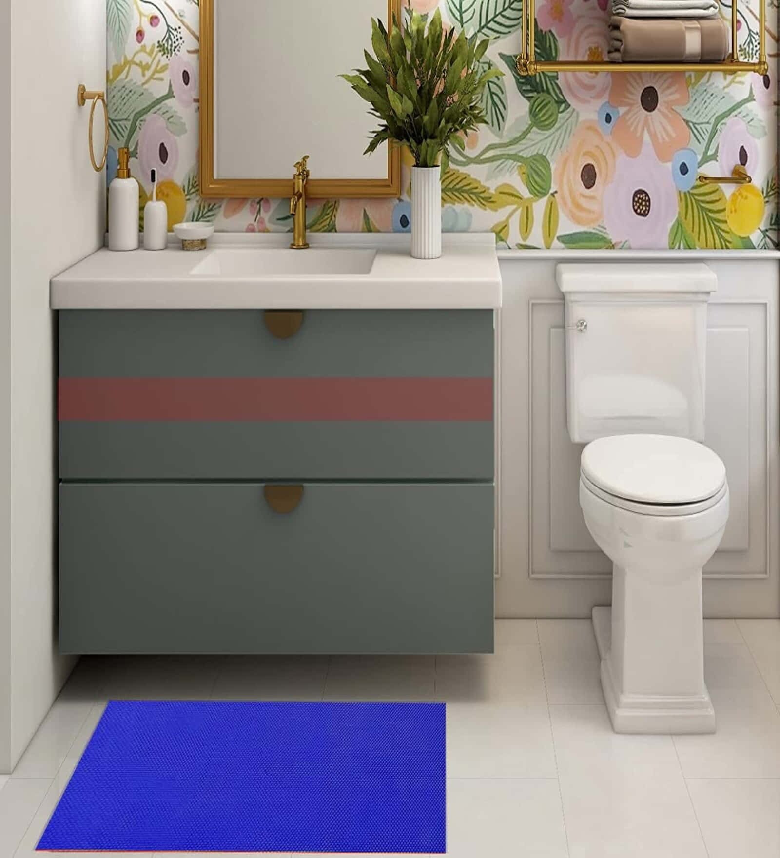 Blue Solid PVC 48x24 Inches Antiskid Bath Mat