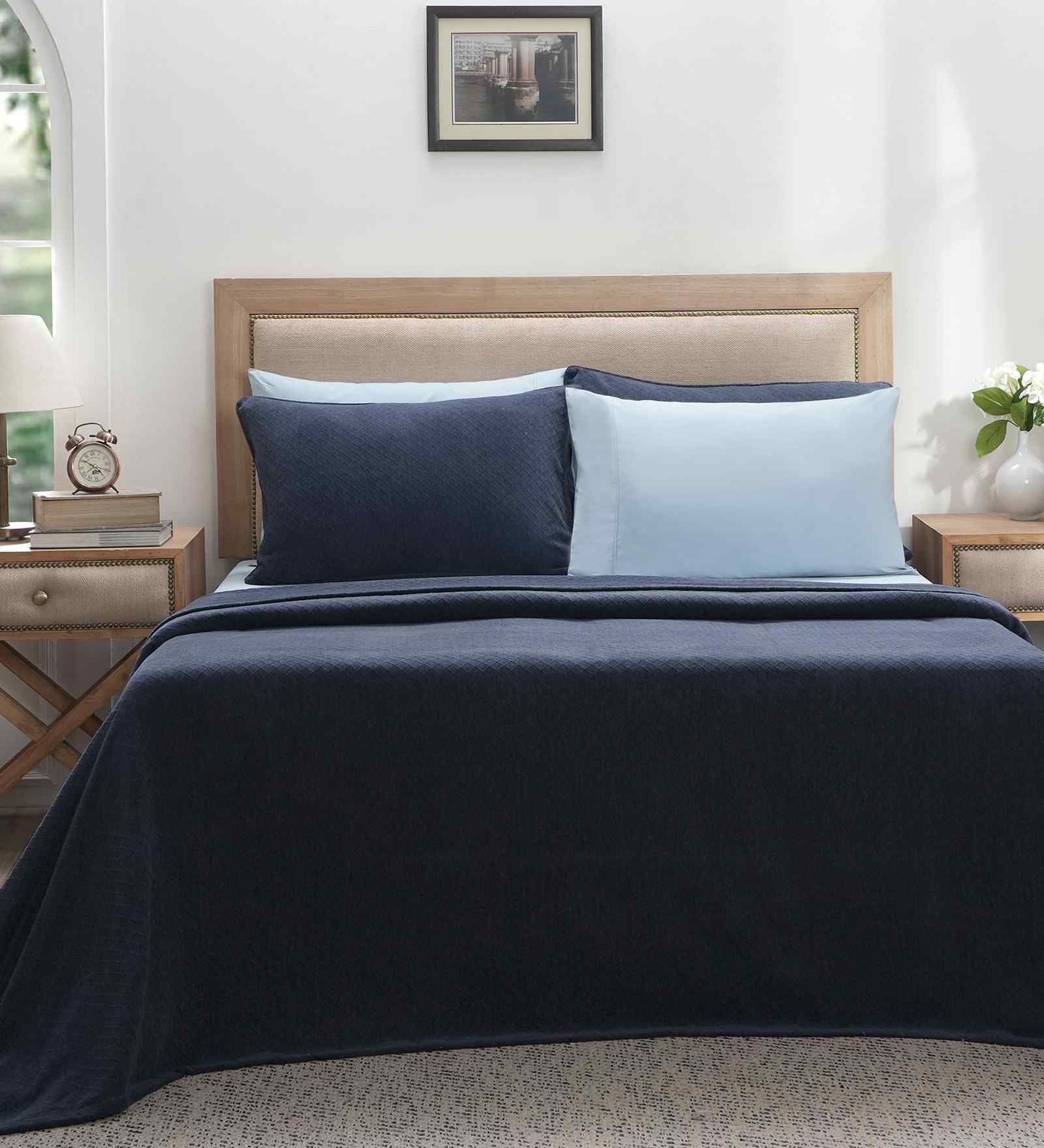 Blue Solid TC 256 Cotton Double Bed Bedcover