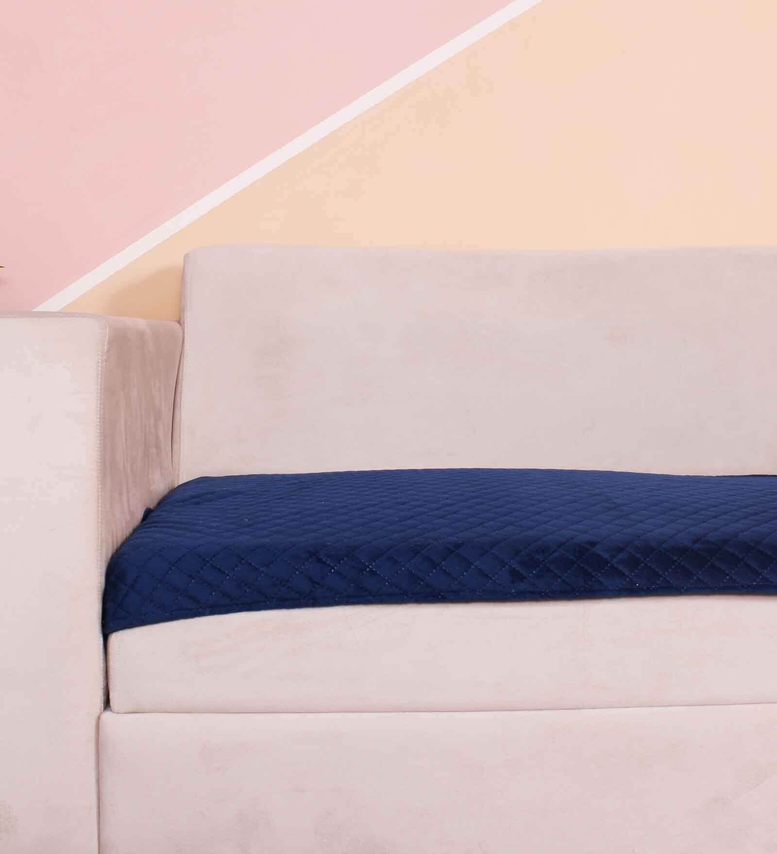 Blue Solid Velvet 1 Seater Quilted Sofa Cover (Protector)