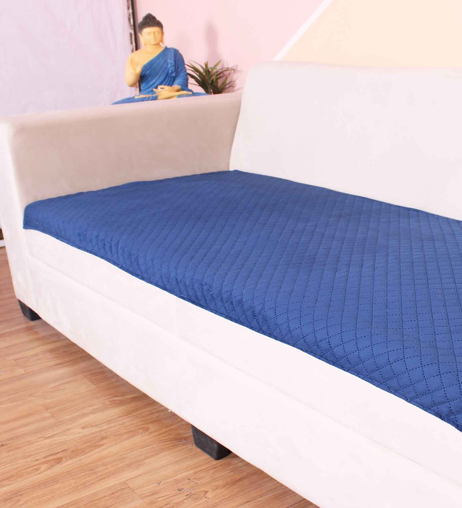 Blue Solid Velvet 2 Seater Quilted Sofa Cover (Protector)