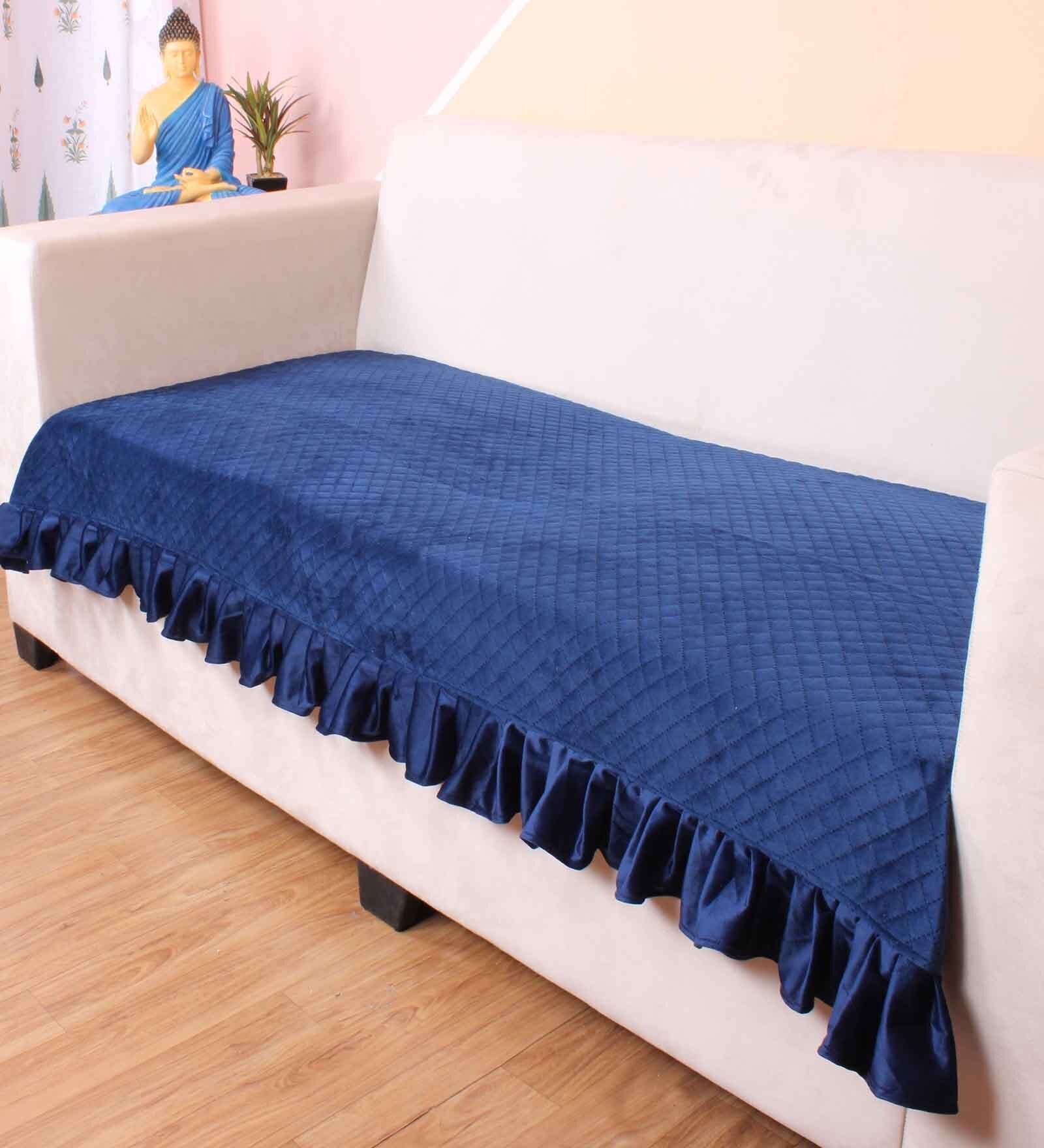 Blue Solid Velvet 2 Seater Quilted Sofa Cover (Protector) with Frill