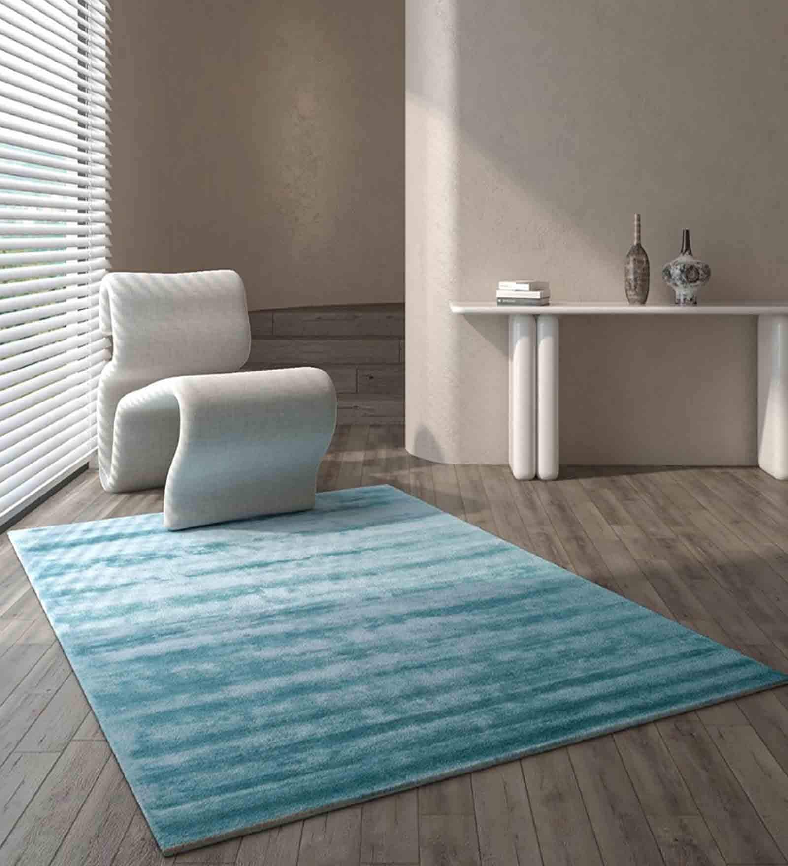 Blue Solid Viscose 4 ft X 6 ft Hand Tufted Carpet