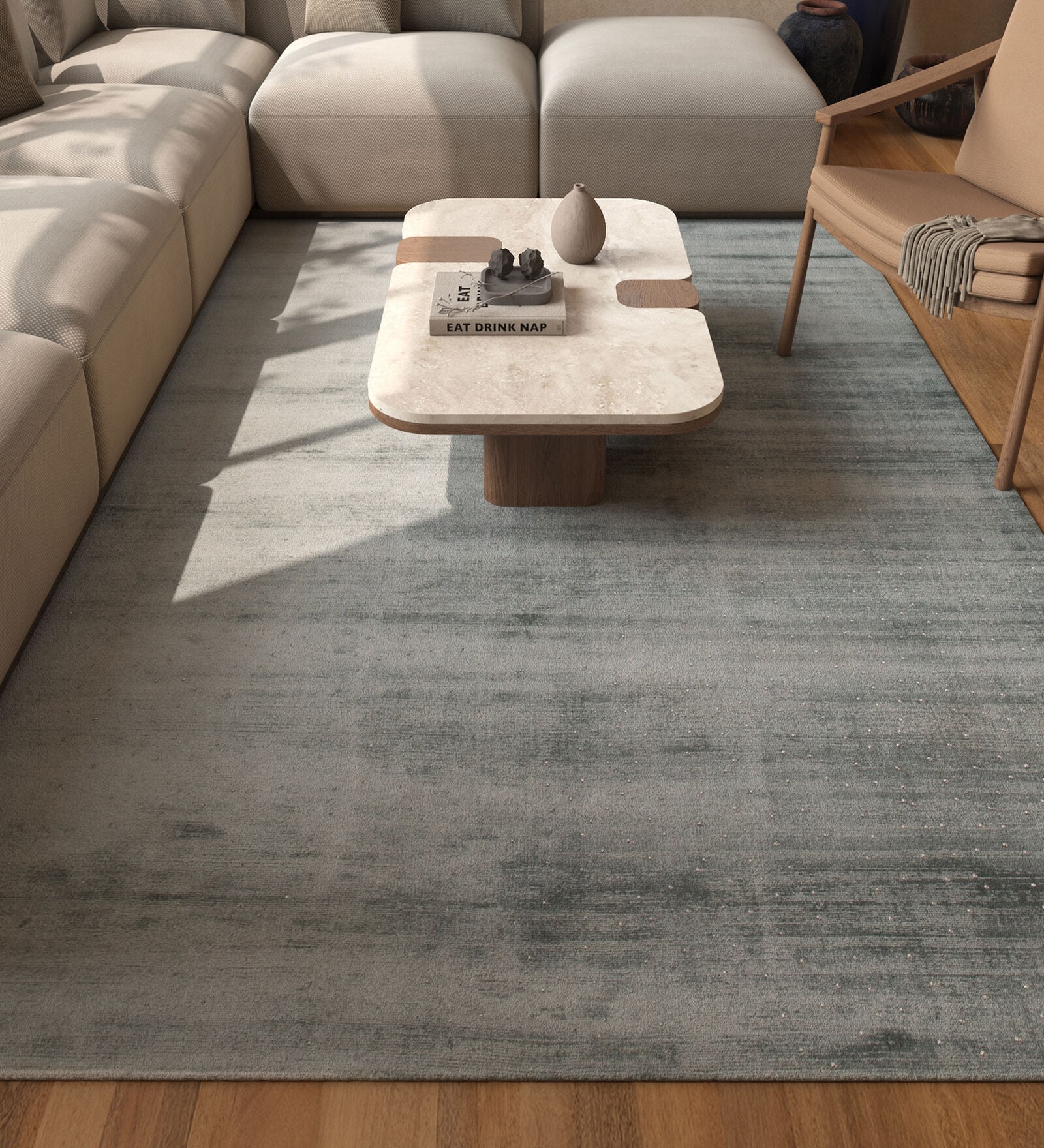 Blue Solid Viscose 6 ft X 9 ft Hand Woven Carpet