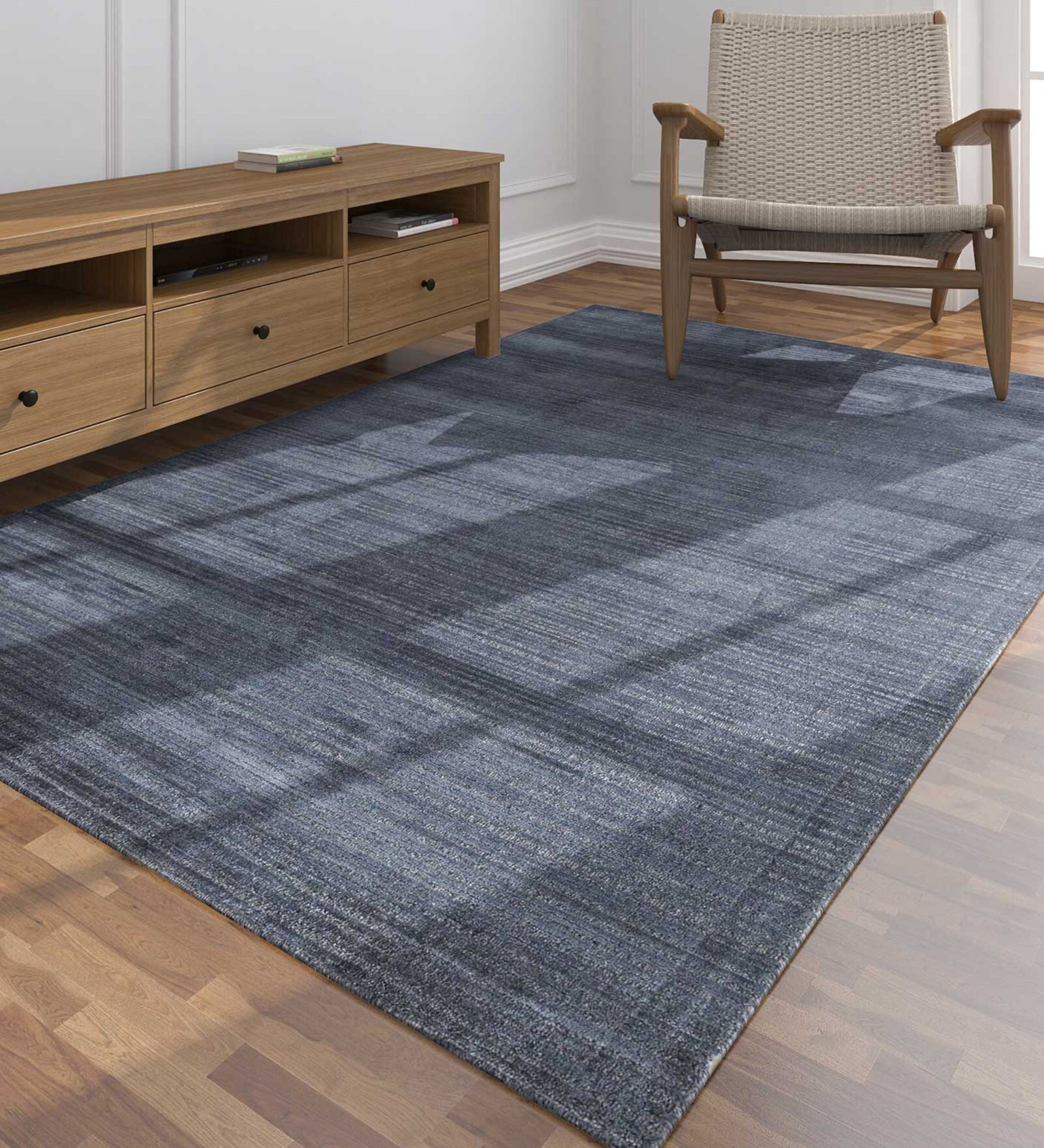 Blue Solid Wool & Bamboo Silk 8 ft x 10 ft Hand Woven Carpet