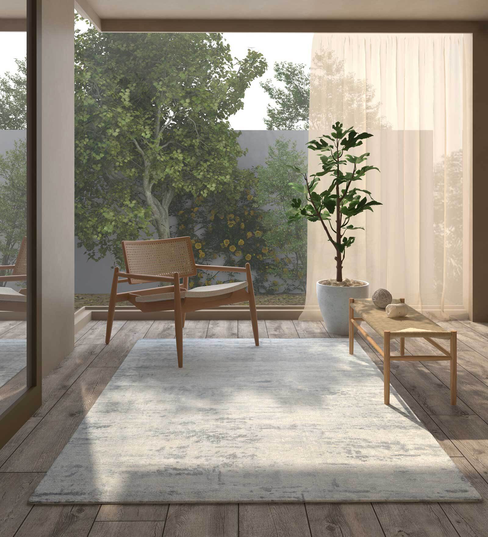 Blue Solid Wool & Viscose 9 ft x 12 ft Hand Woven Carpet