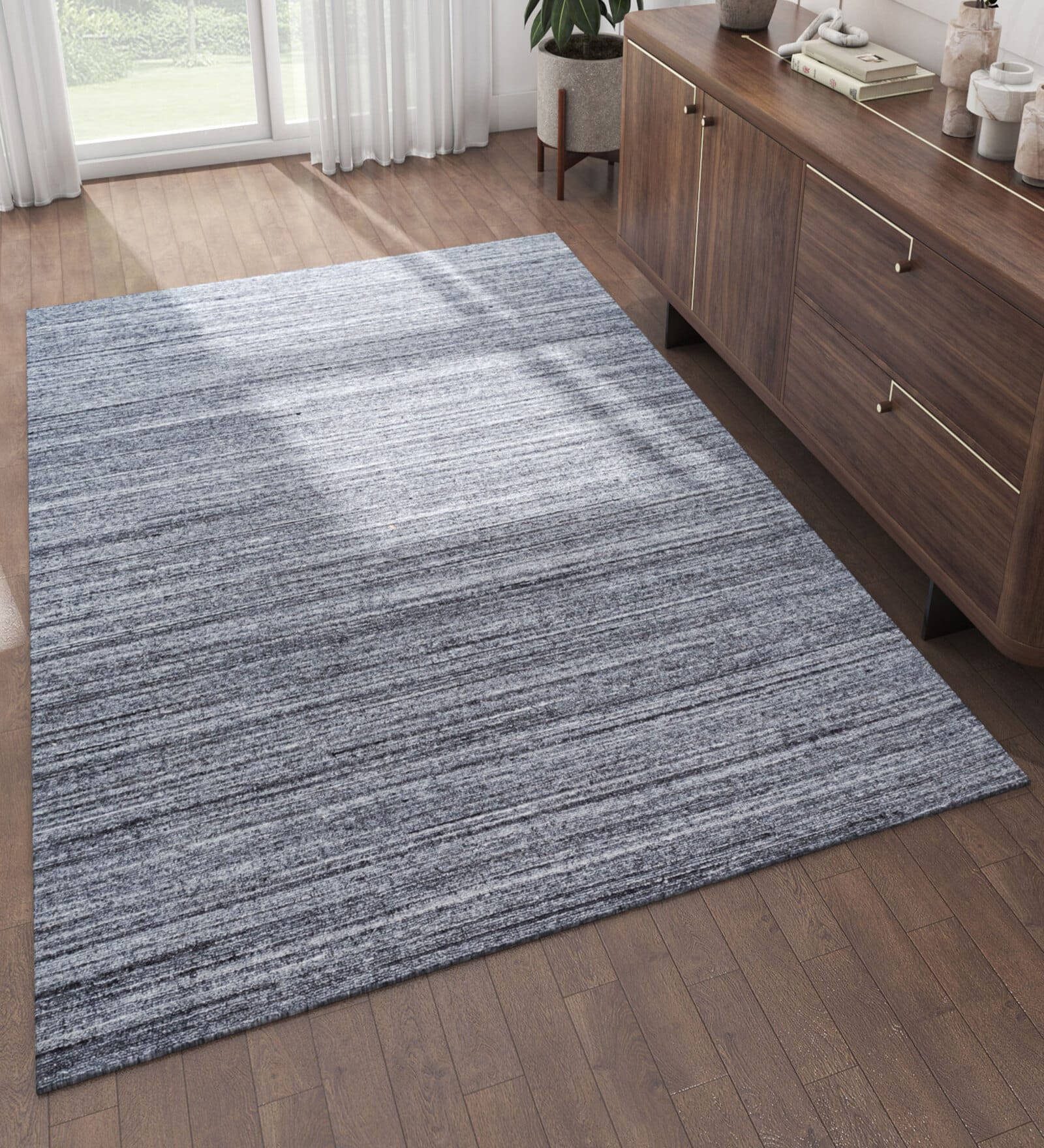 Blue Solid Wool and Viscose 5 ft X 8 ft Hand Woven Carpet