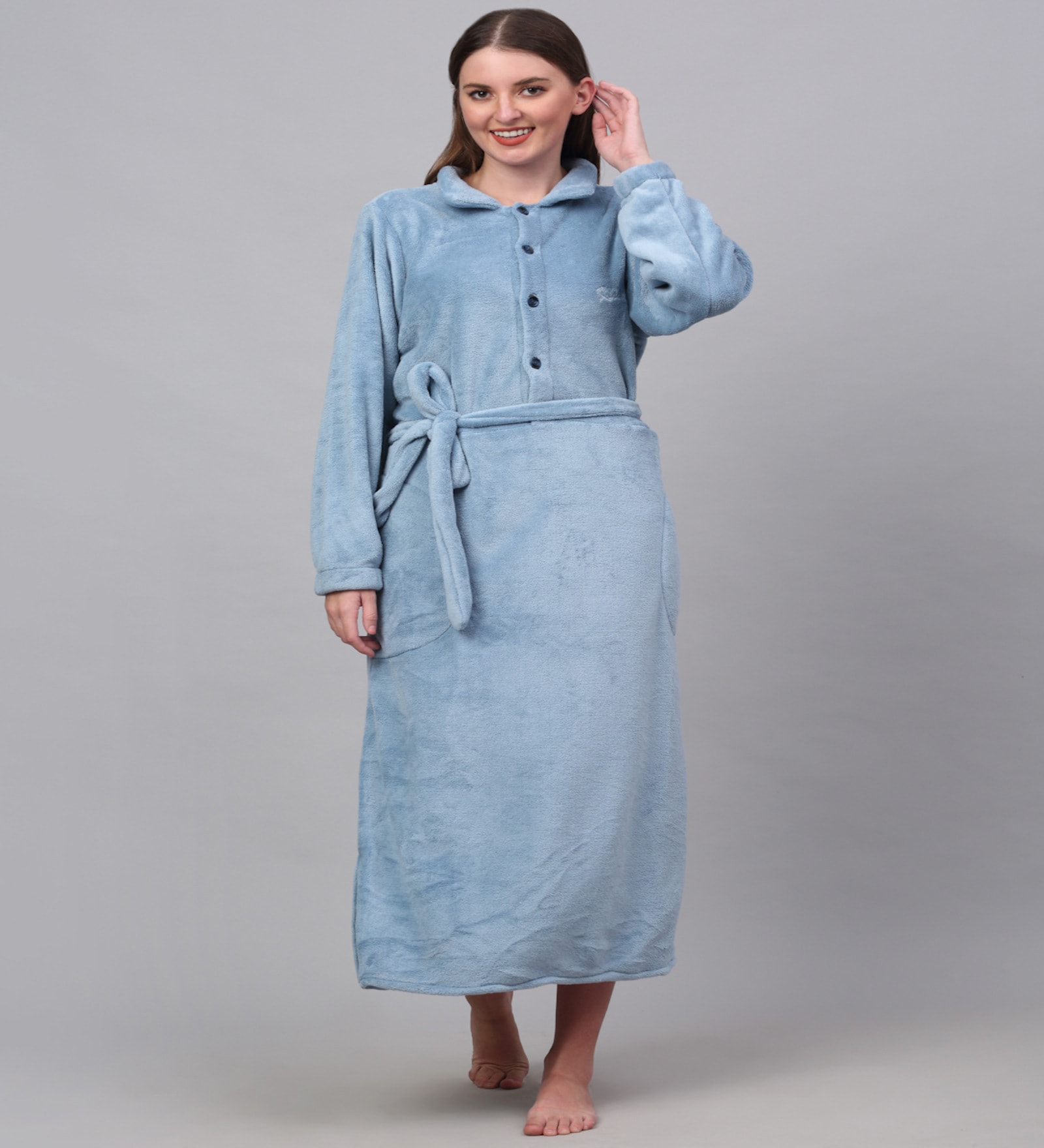 Blue Solid Woolen Women Bath Robe With Belt (M)