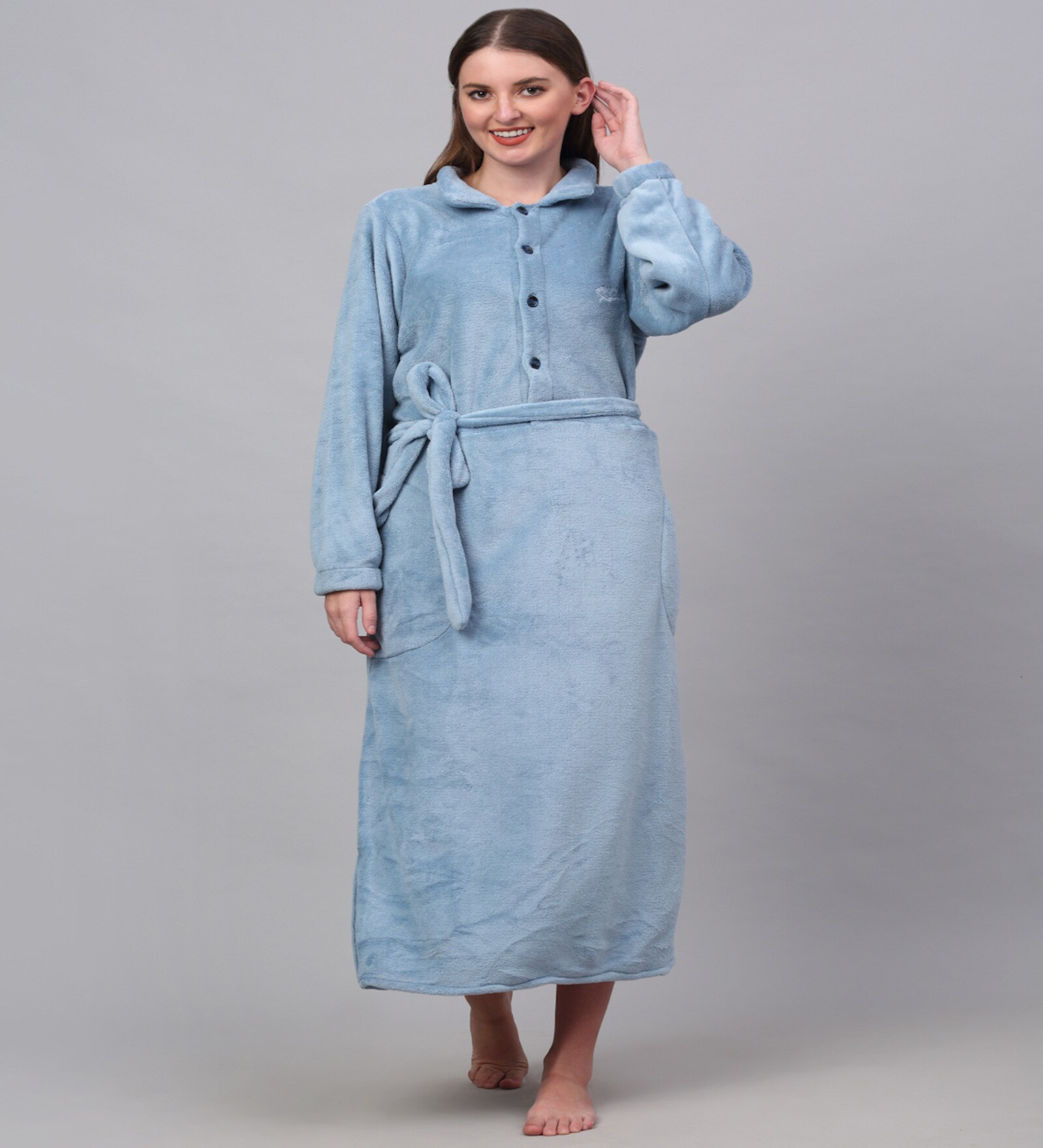 Blue Solid Woolen Women Bath Robe With Belt (XL)