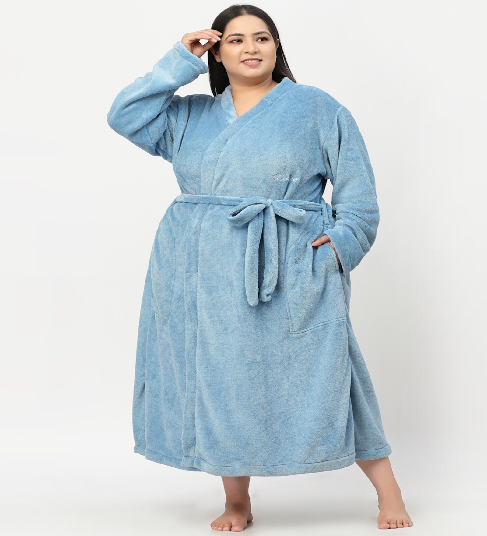 Blue Solid Woolen Women Bath Robe With Belt (XXL)