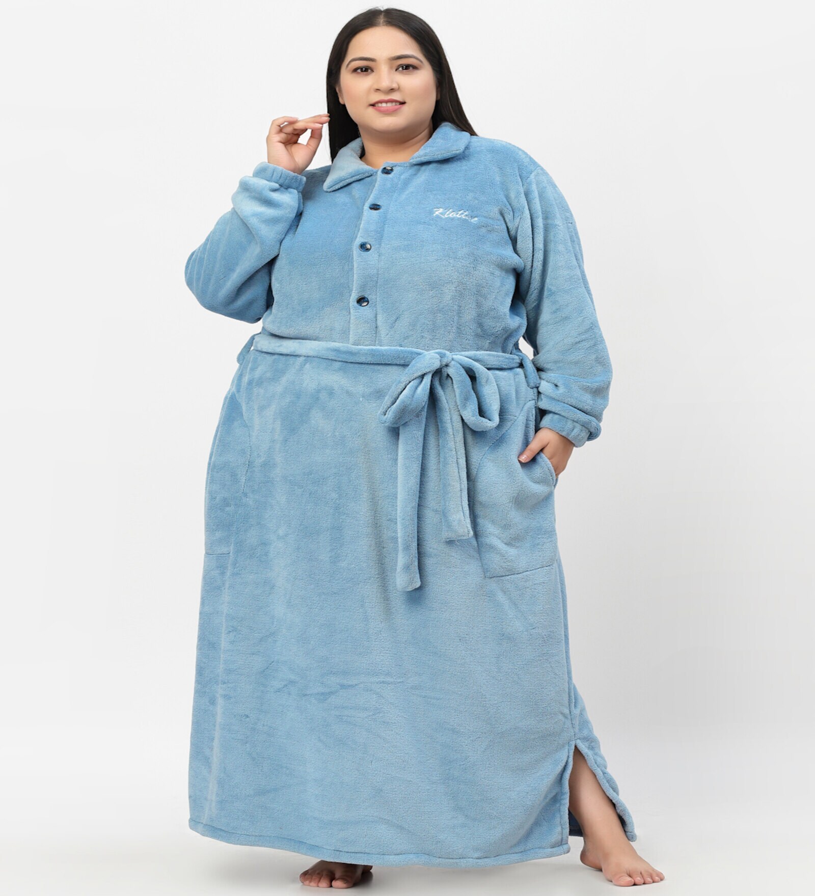 Blue Solid Woolen Women Bath Robe With Belt (XXL)