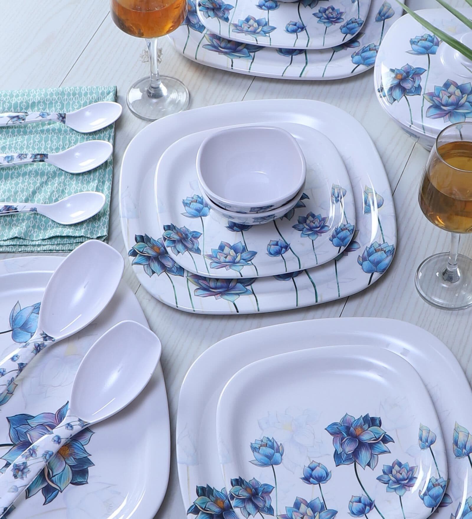 Square 40 Pcs Whie & Blue Melamine Dinnerware Set