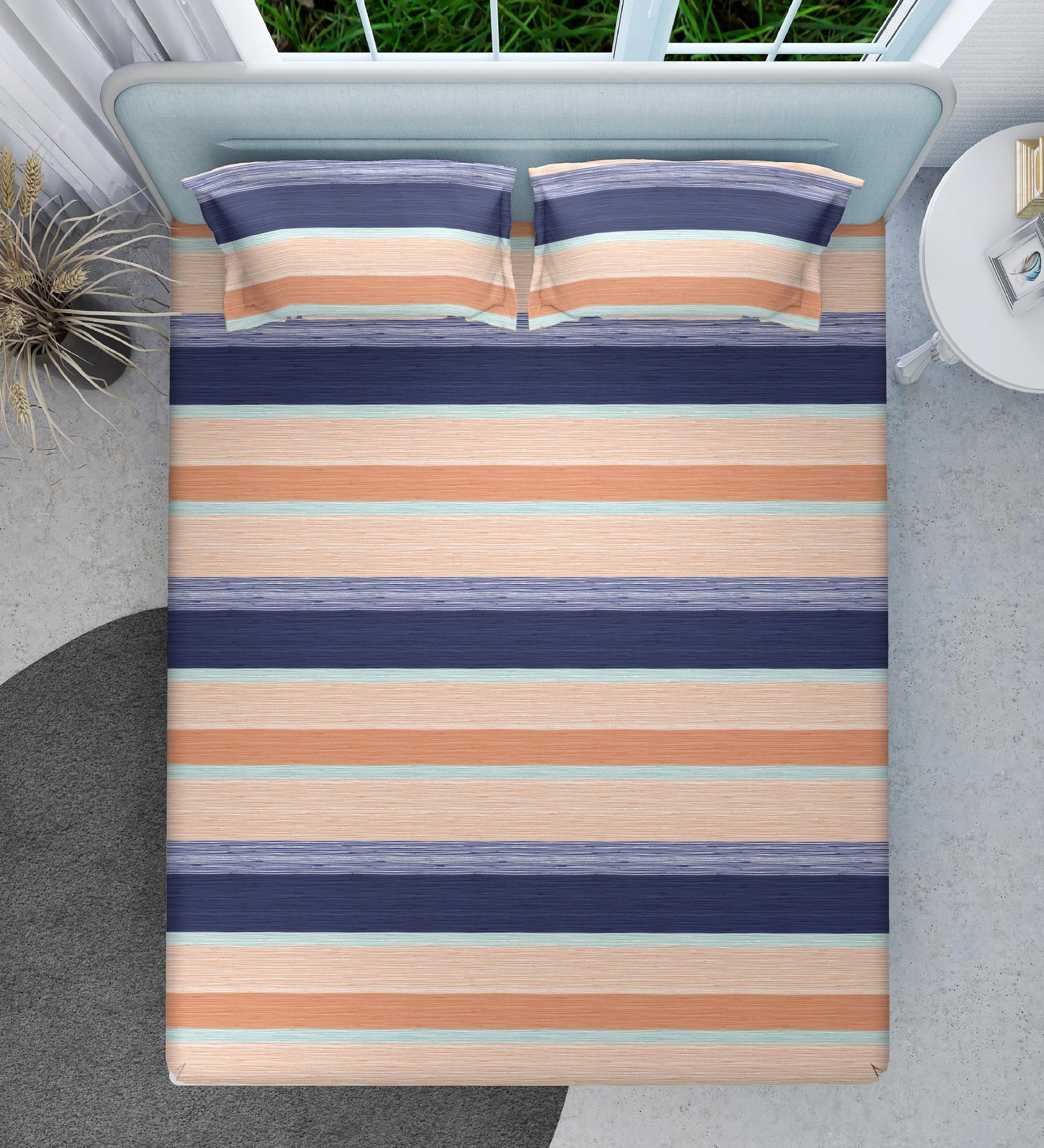 Blue Stripe 144 TC Cotton King Sized Double Bedsheet with 2 Pillow Covers Nautical Stripes Collection