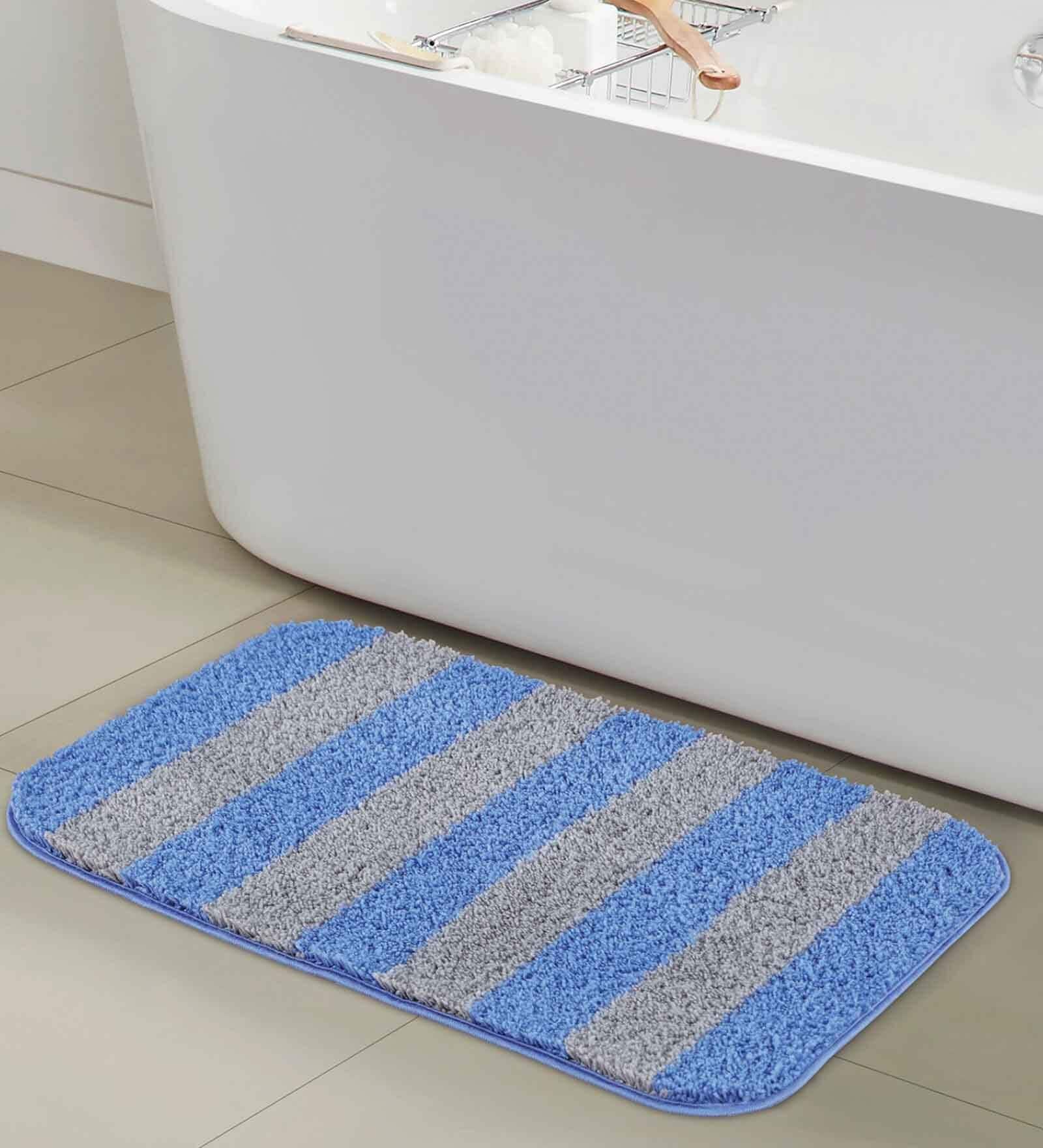 Blue Geometric Polyester 24x16 Inches AntiSkid Bath Mat