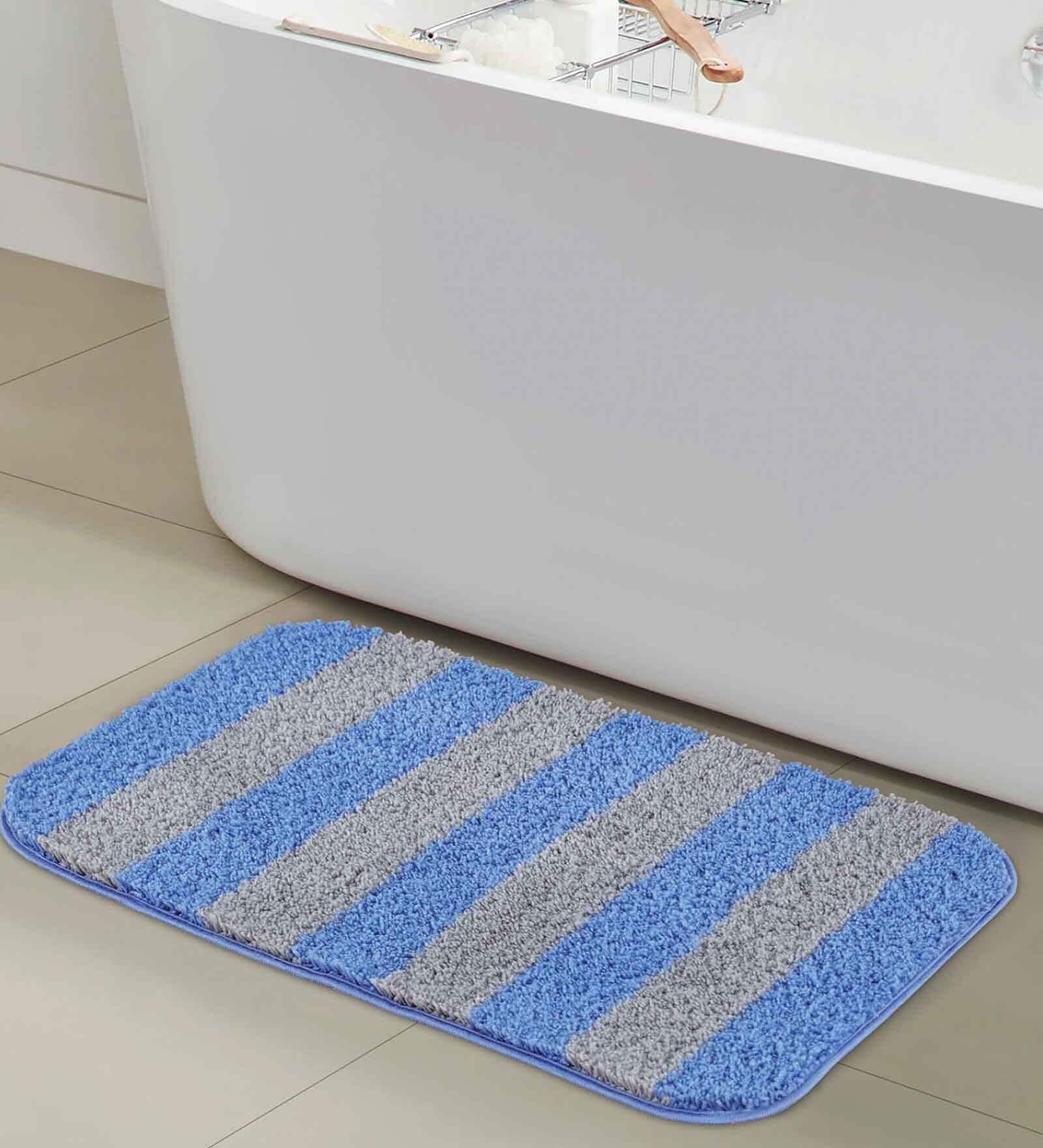 Blue Striped Polyester 28x20 Inches AntiSkid Bath Mat