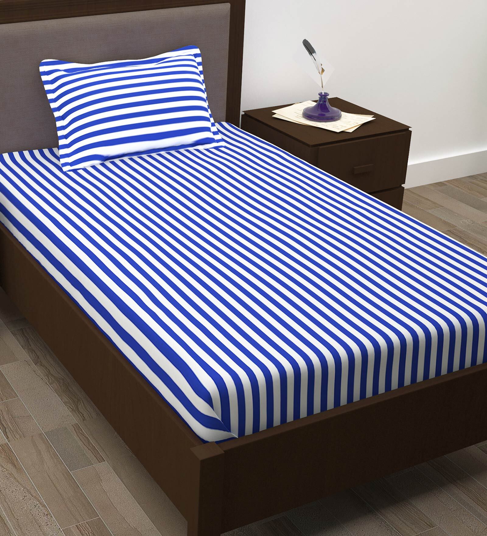 Blue Striped 208 TC 100% Cotton Single Bed Sized Bed Sheets With 1 Pillow Cover