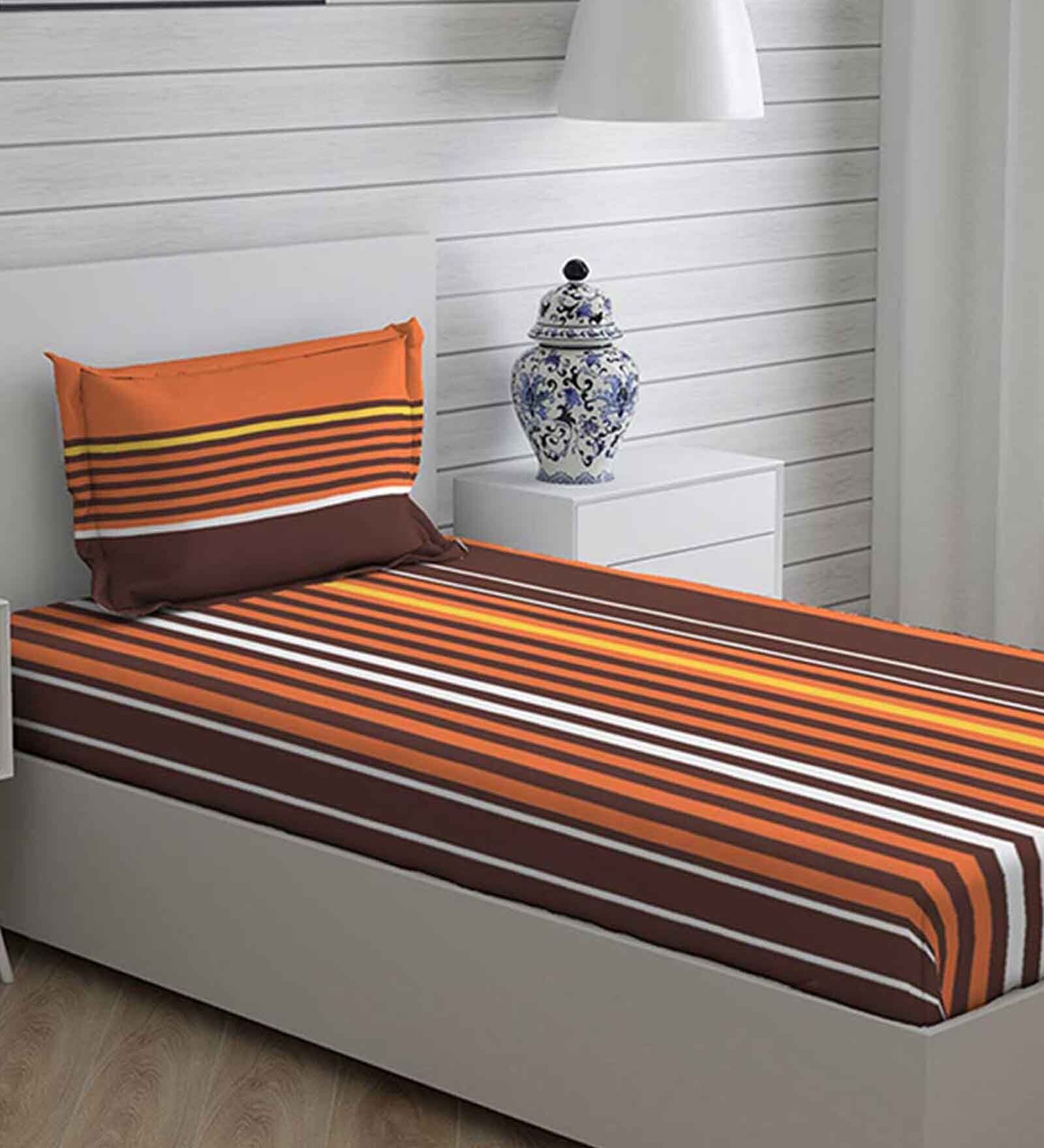 Orange Striped 225 TC Cotton Single Bed Sized Bed Sheets with 2 Pillow Covers