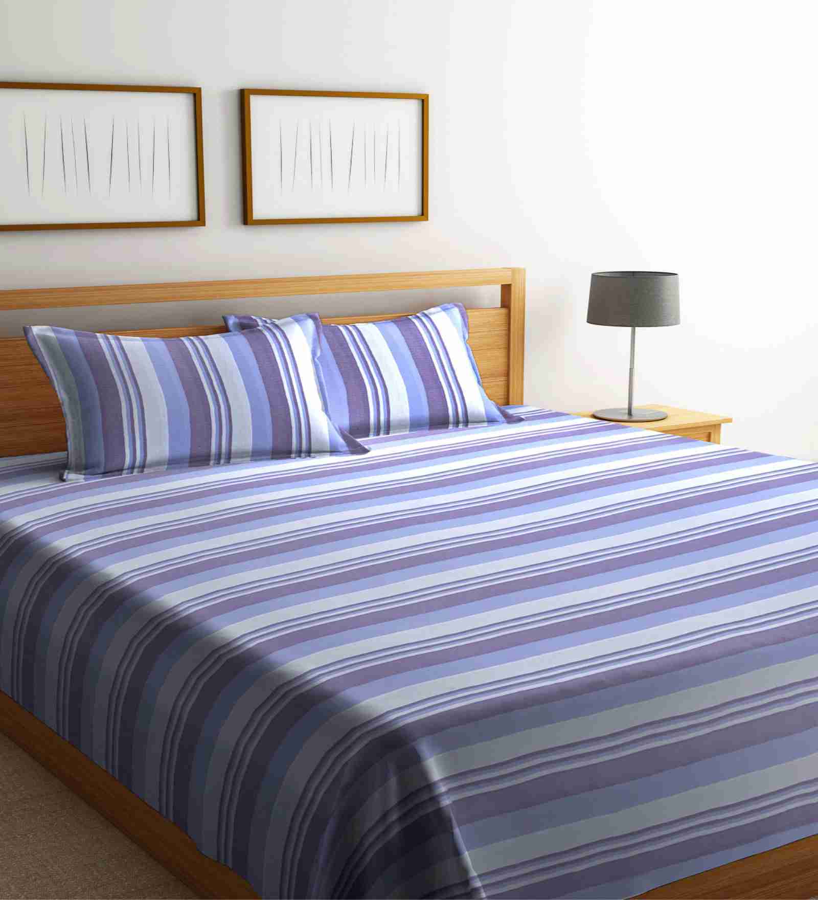 Blue Striped 300 TC Cotton Double Bed Cover with 2 Pillow Covers