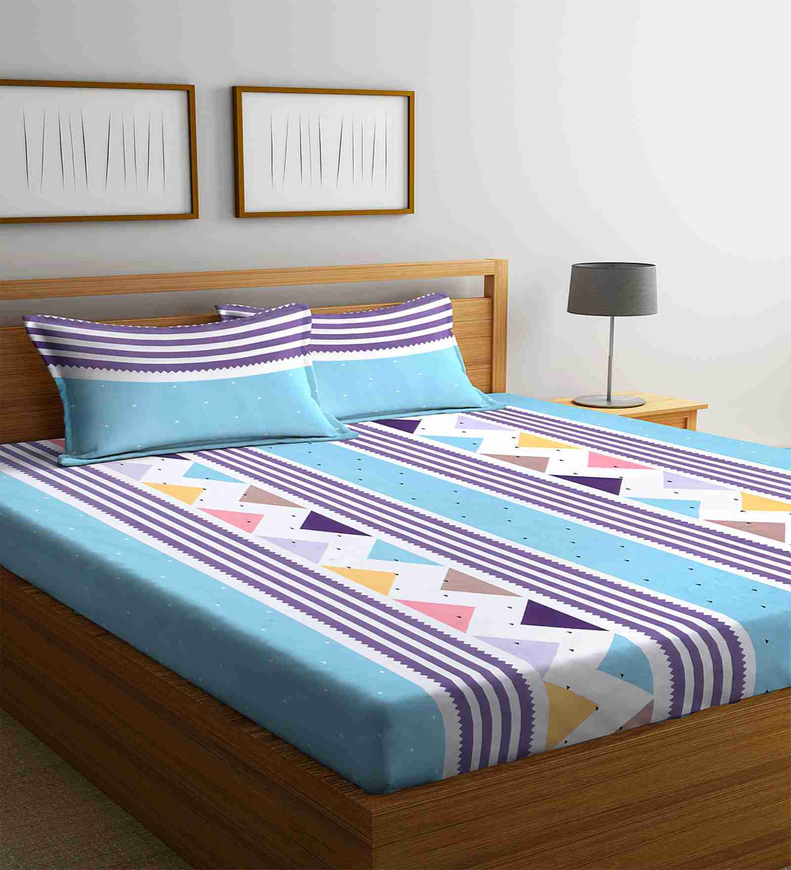Blue Floral 300 TC Cotton Blend King Sized Bed Sheets with 2 Pillow Covers