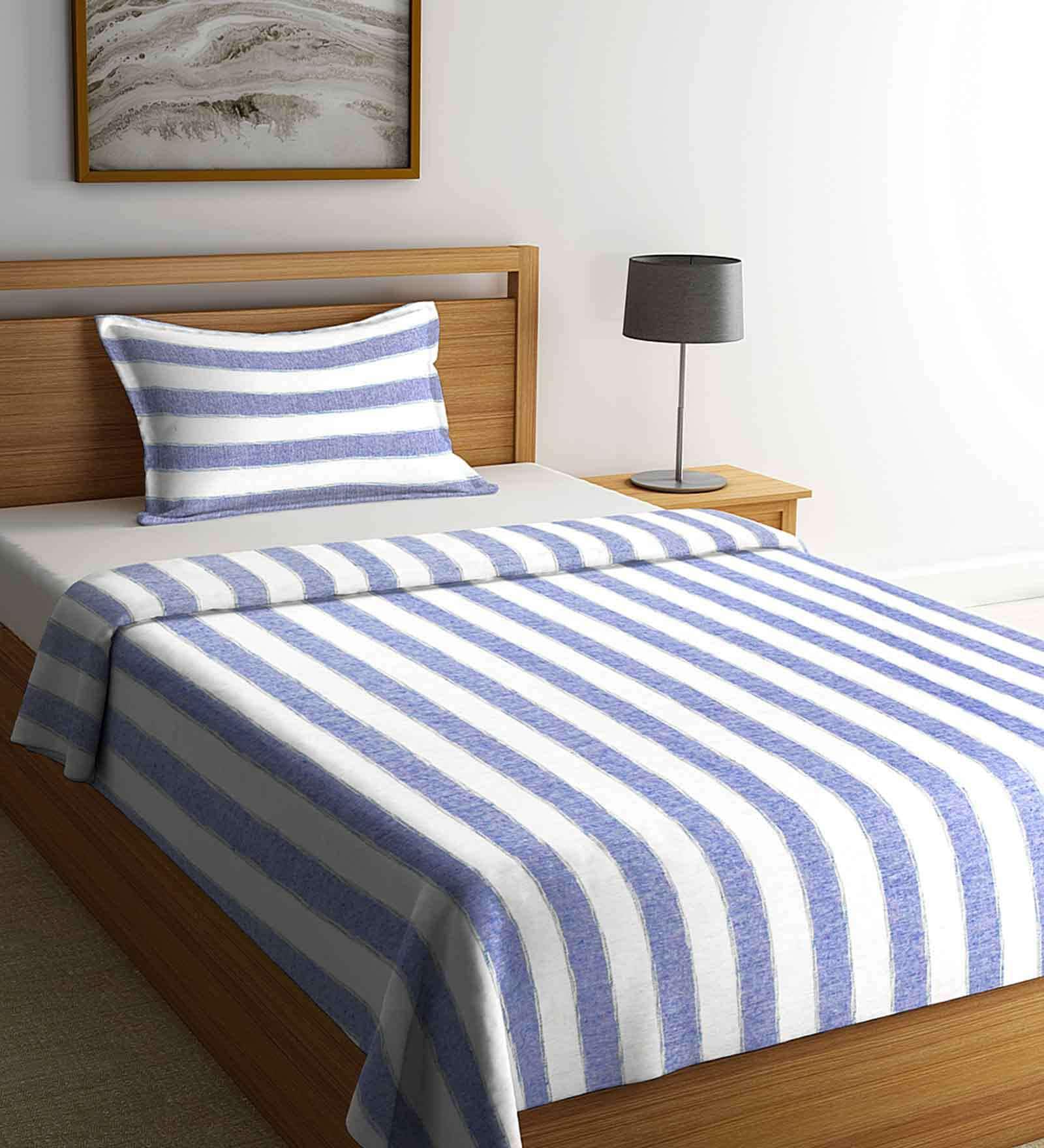 Blue Geometric 300 TC Cotton Single Bed Cover with 1 Pillow Cover