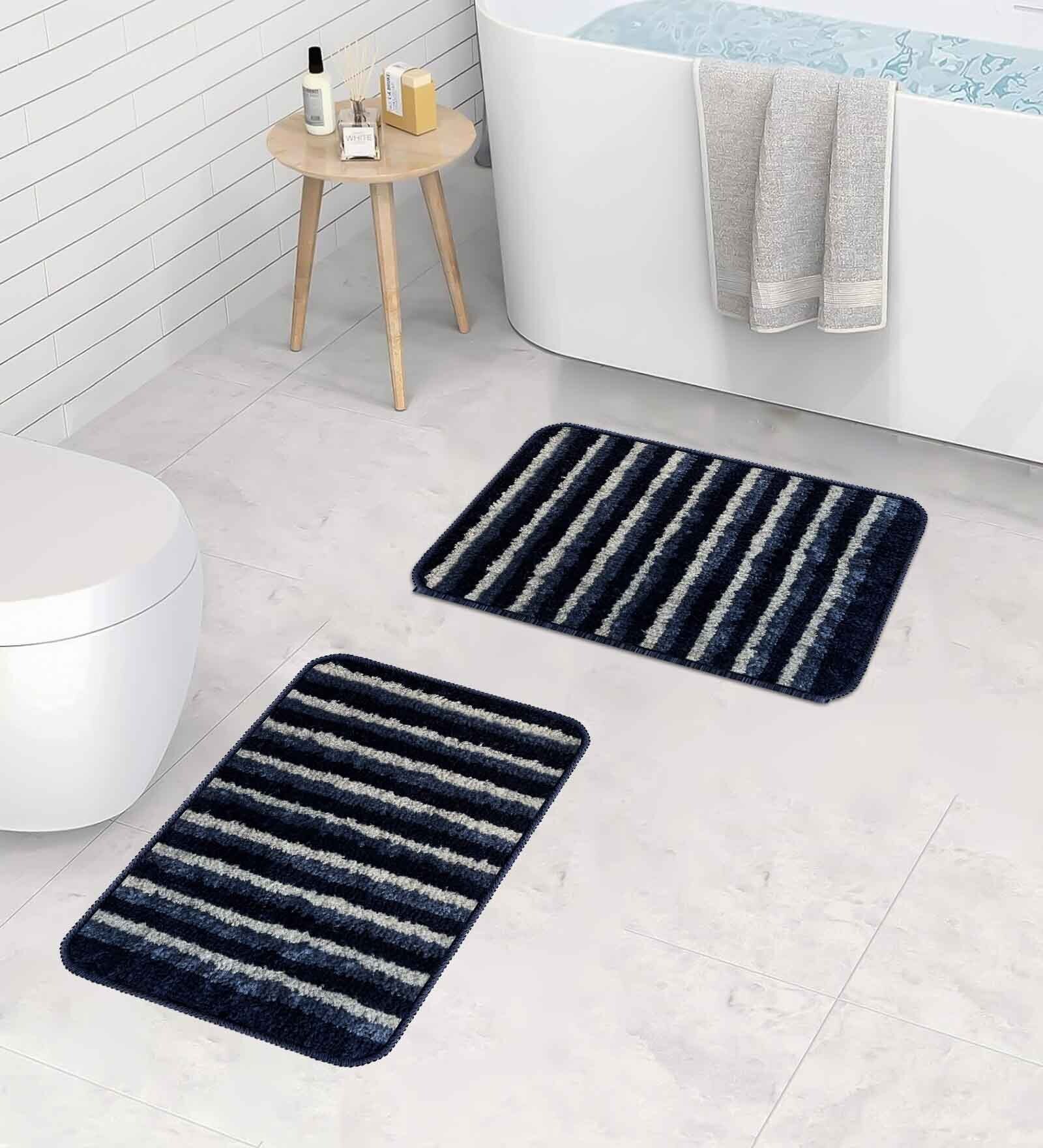 Buy Blue Striped Microfiber 14x20 Inches AntiSkid Bath Mats (Pack of 2 ...