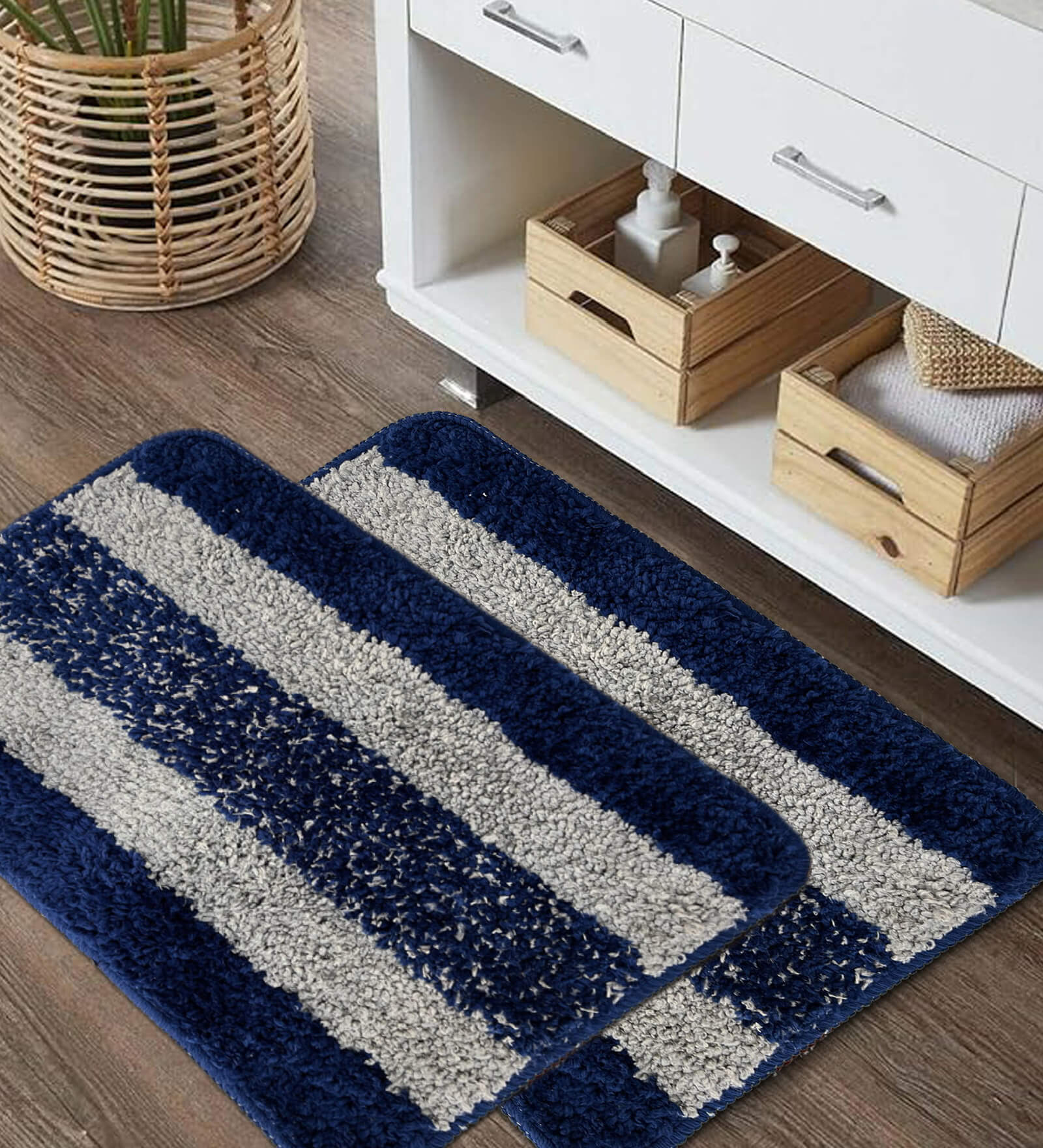 Blue Stripe Microfibre 14x20 Inches AntiSkid Door Mats (Pack of 2)