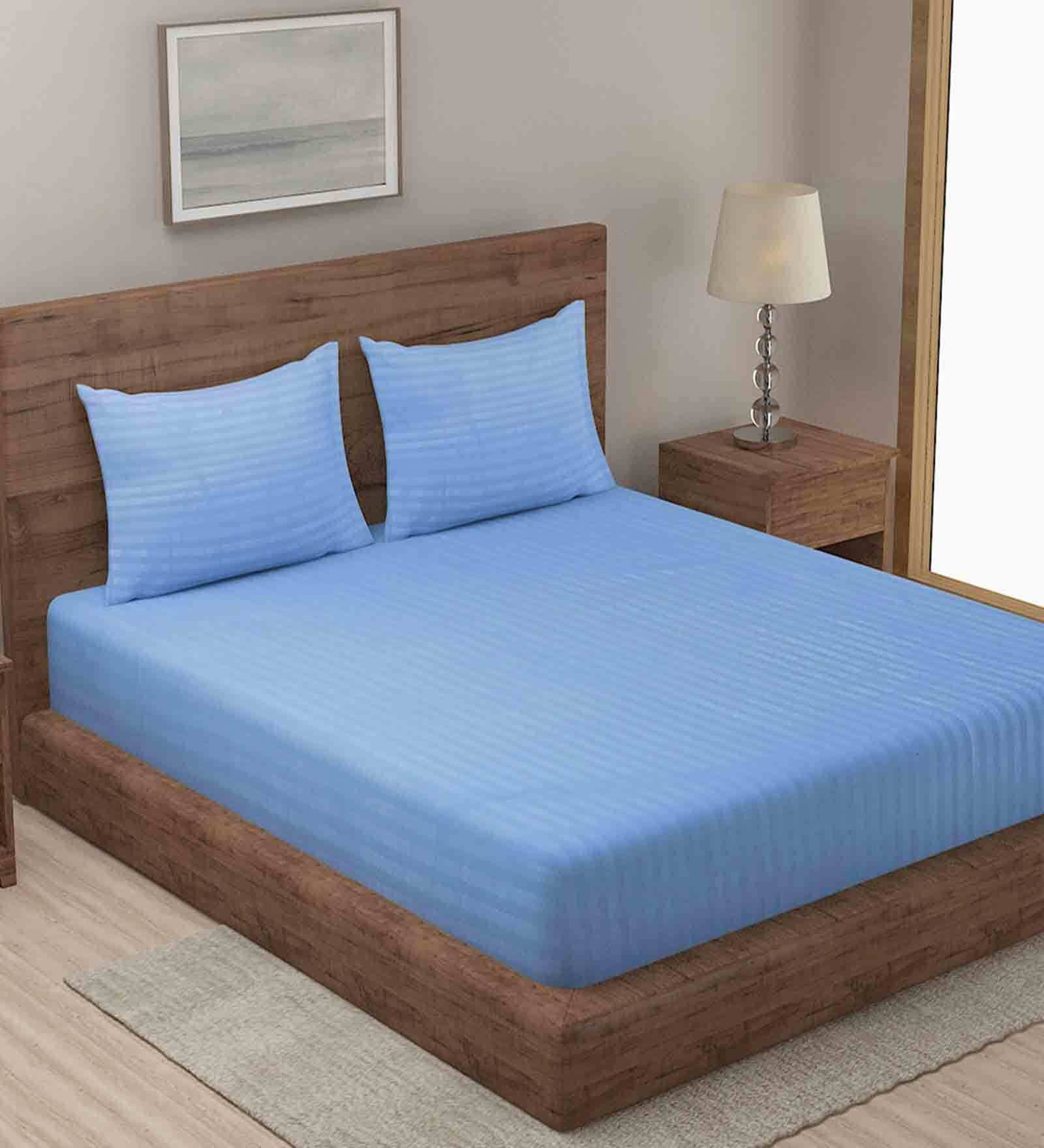 Blue Striped 210 TC Poly Cotton King Sized Bed Sheets with 2 Pillow Covers