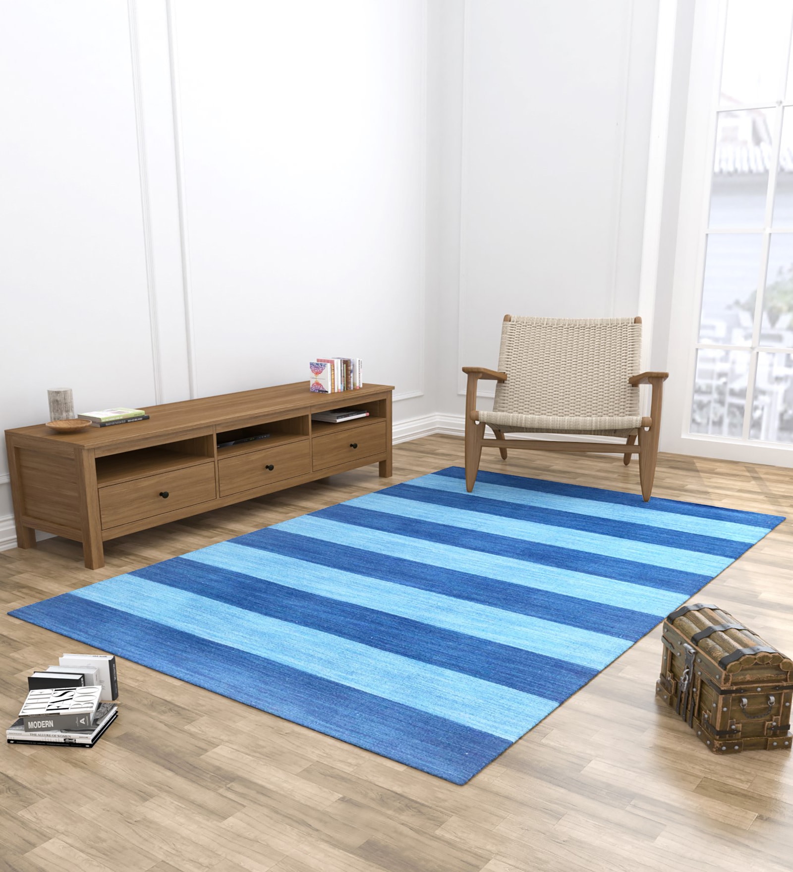 Buy Blue Striped Wool 4 ft X 6 ft Hand Woven Carpet by Jaipur Rugs at