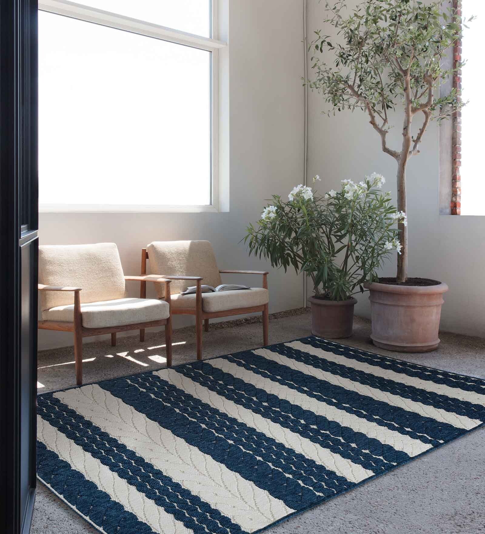 Blue Stripes Polypropylene 3 ft x 5 ft Machine Made Carpet